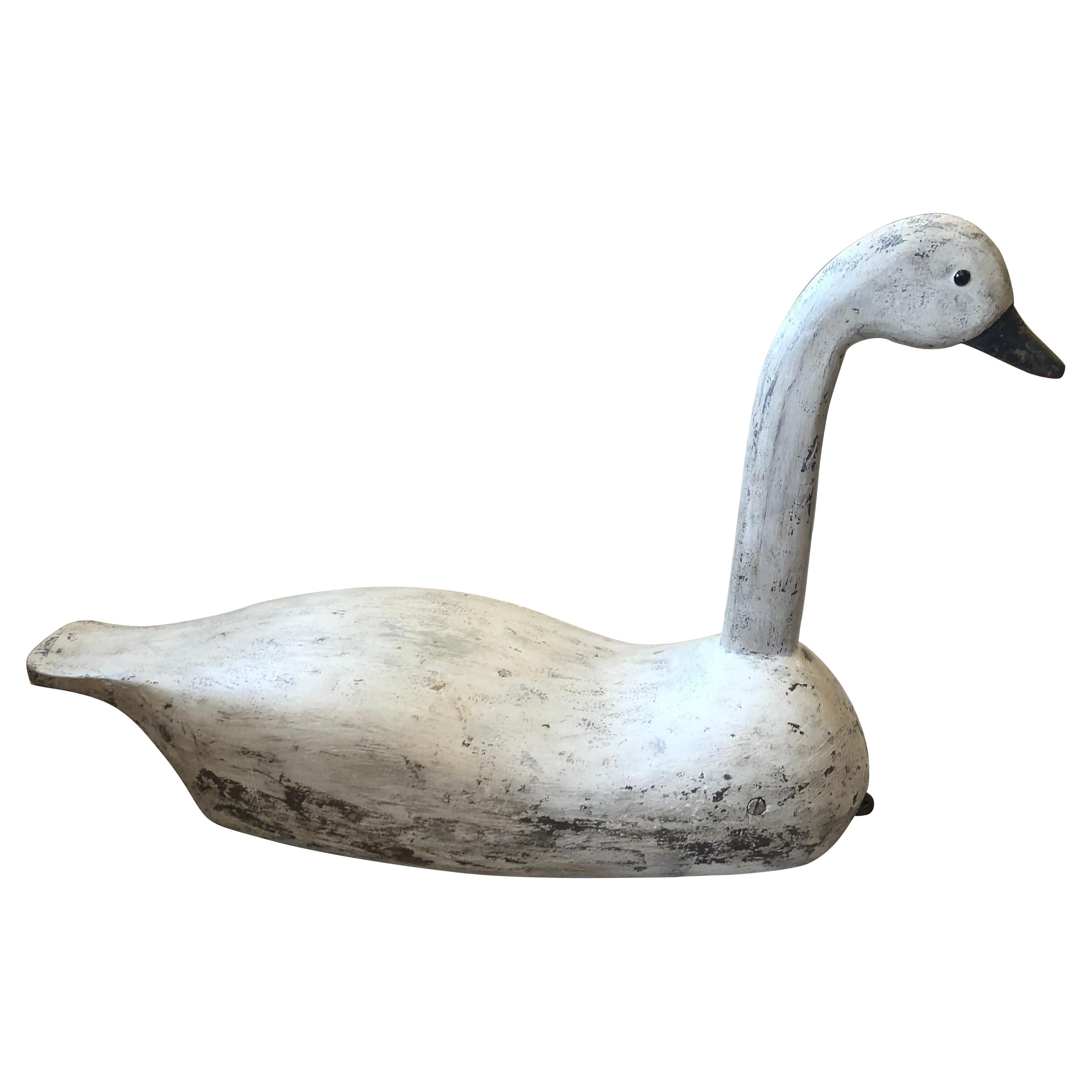 Very Large Charming Carved Wood Folk Art Swan Decoy Sculpture For Sale