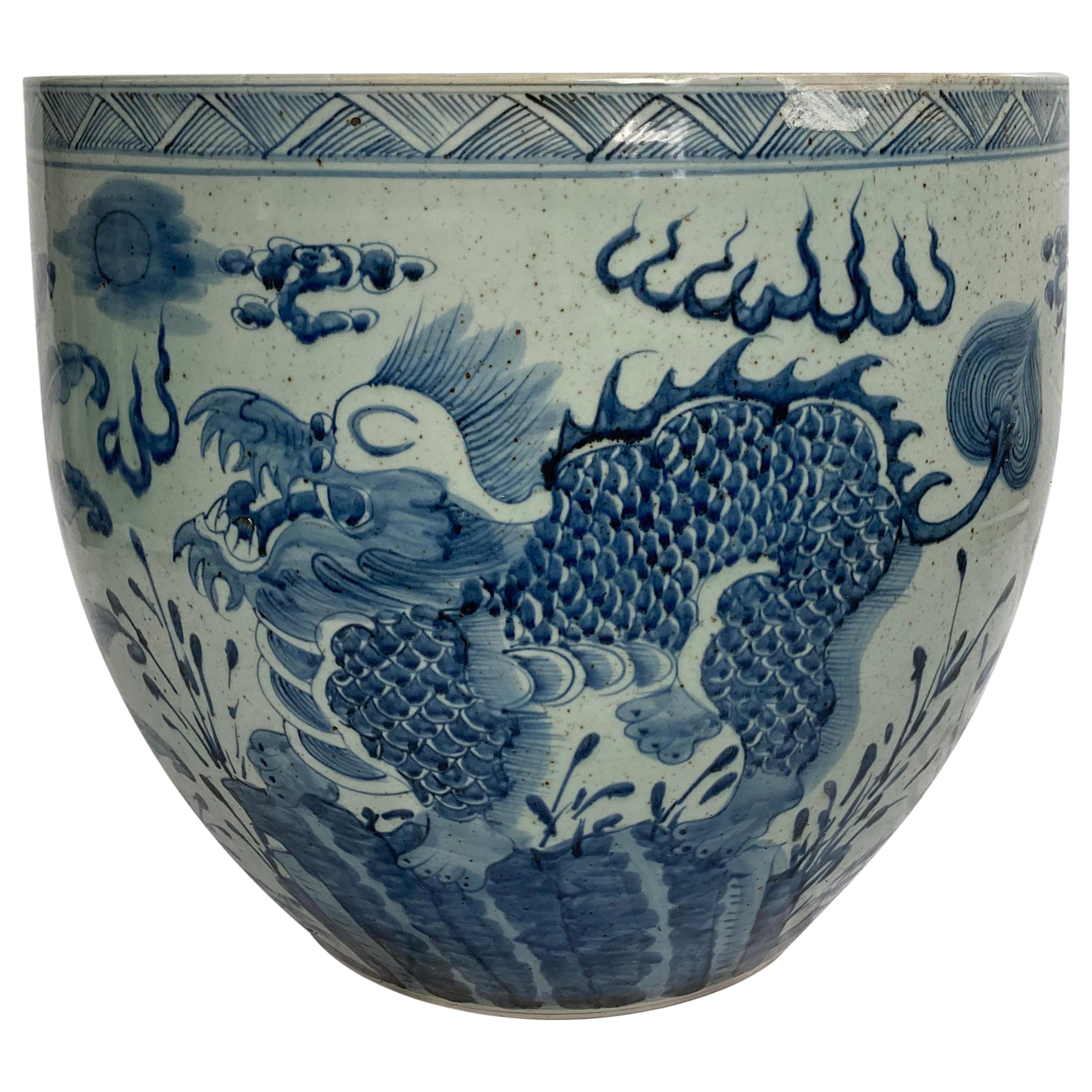 Pecera china azul y blanca muy grande