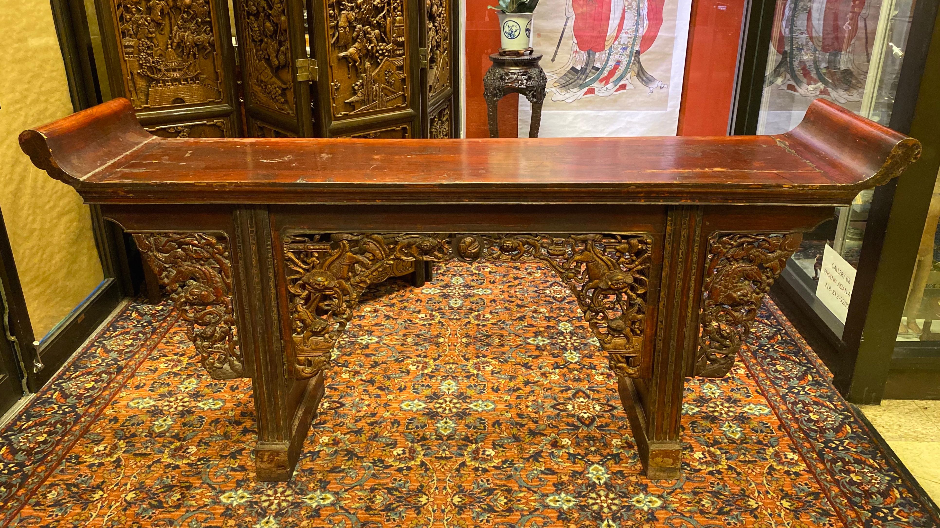 Very Large Chinese Carved and Painted Wood Console In Fair Condition In New York, NY