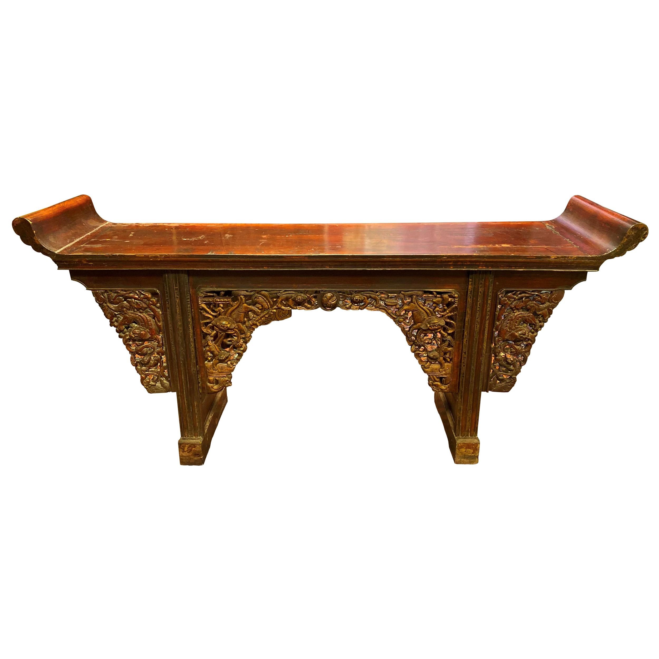 Very Large Chinese Carved and Painted Wood Console