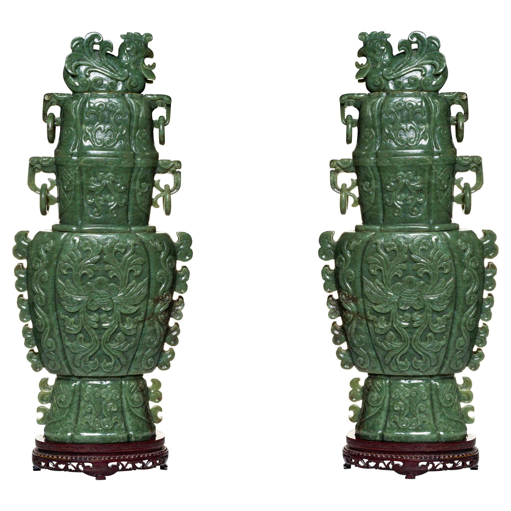 Very Large Chinese Carved Jade Vases and Covers
