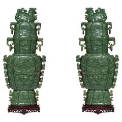 Very Large Chinese Carved Jade Vases and Covers