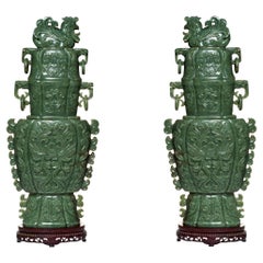 Very Large Chinese Carved Jade Vases and Covers