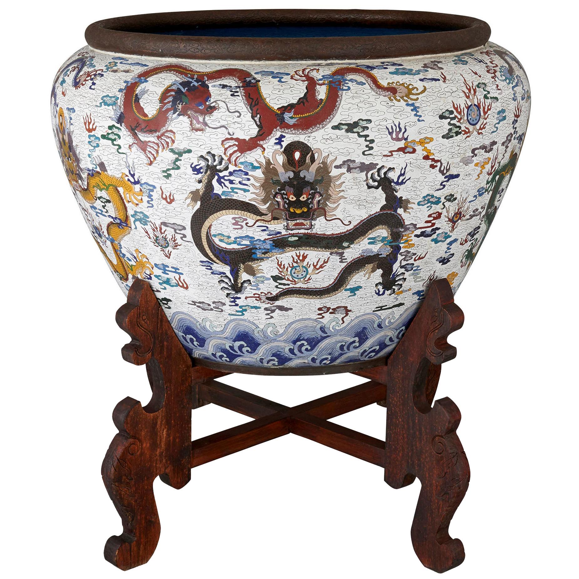 Very Large Chinese Enamel Jardinière on Hardwood Stand For Sale