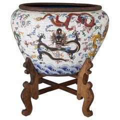 Very Large Chinese Enamel Jardinière on Wooden Stand