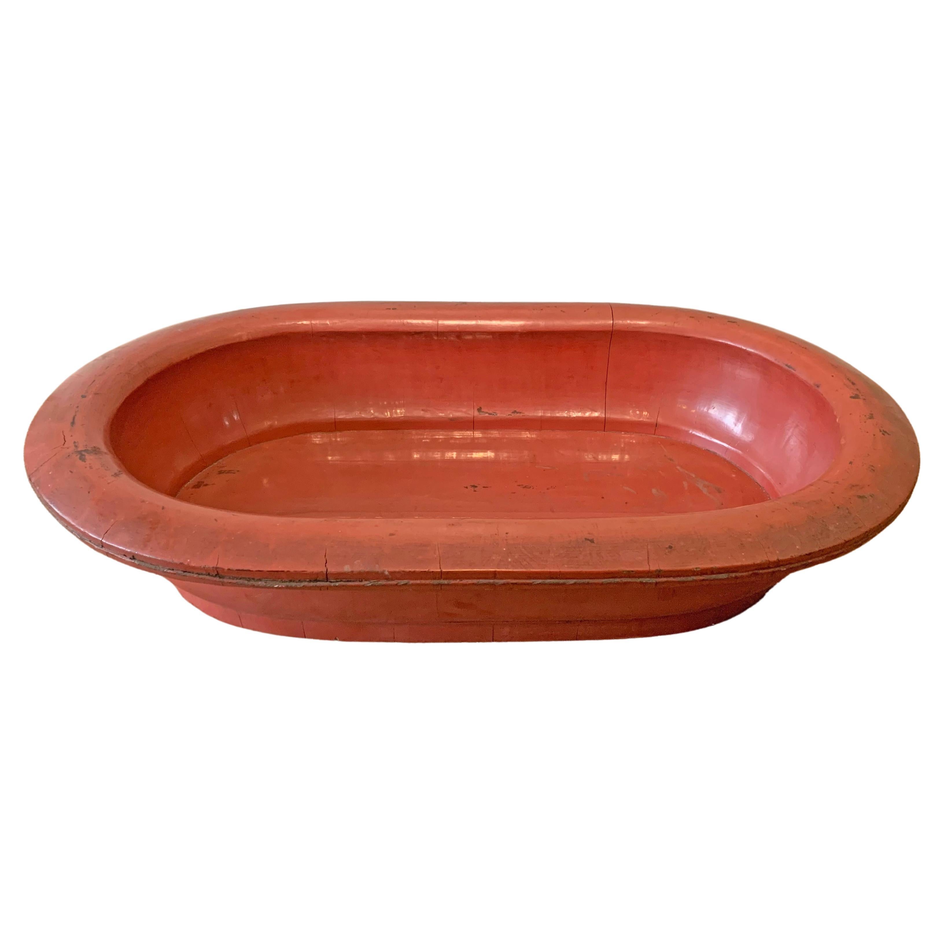 Very Large Chinese Red Lacquer Decorative Wood Bowl, Early 20th Century