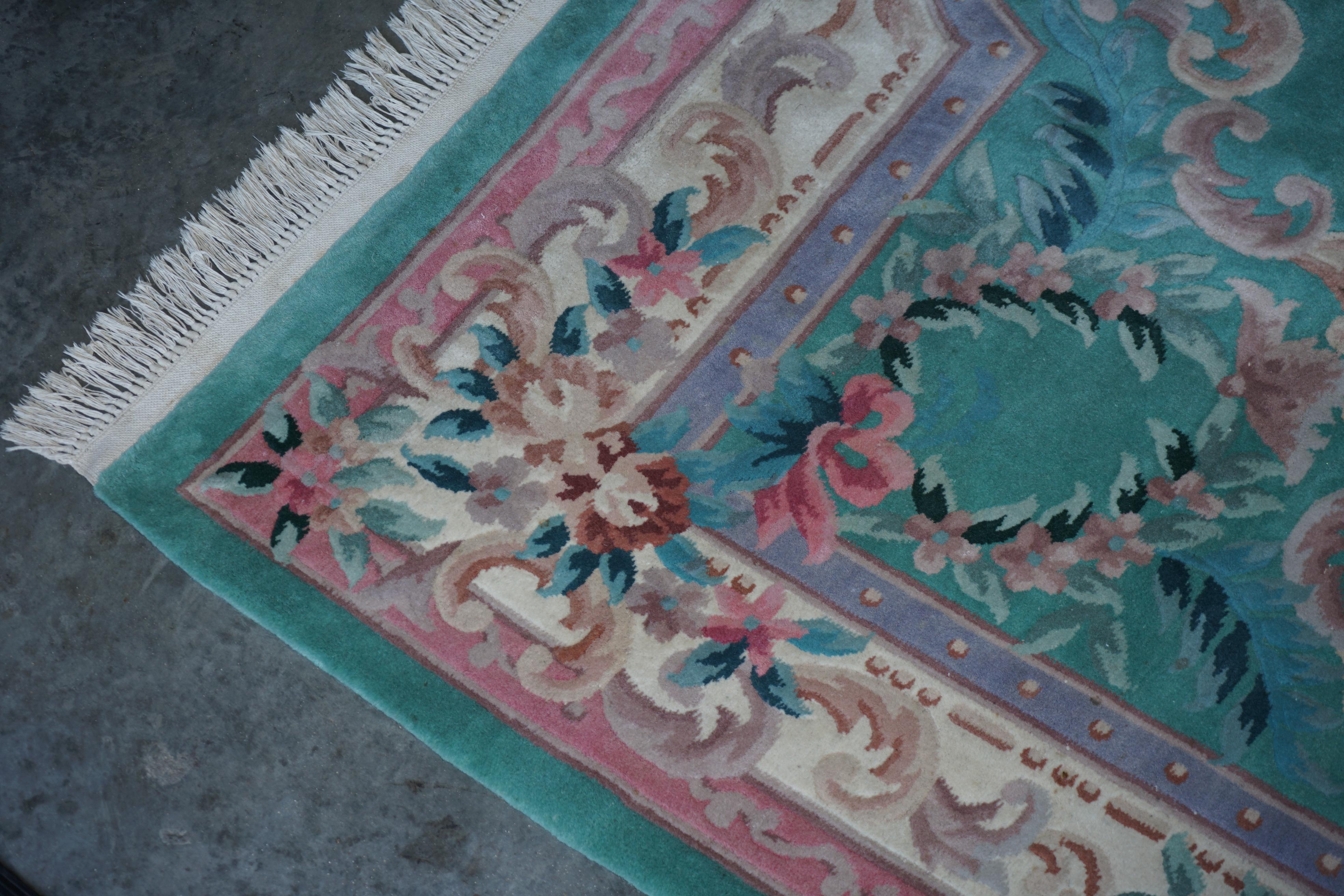 Very Large Chinese Vintage Floral Medallion Border Rug in Aqua and Pink Tones For Sale 3