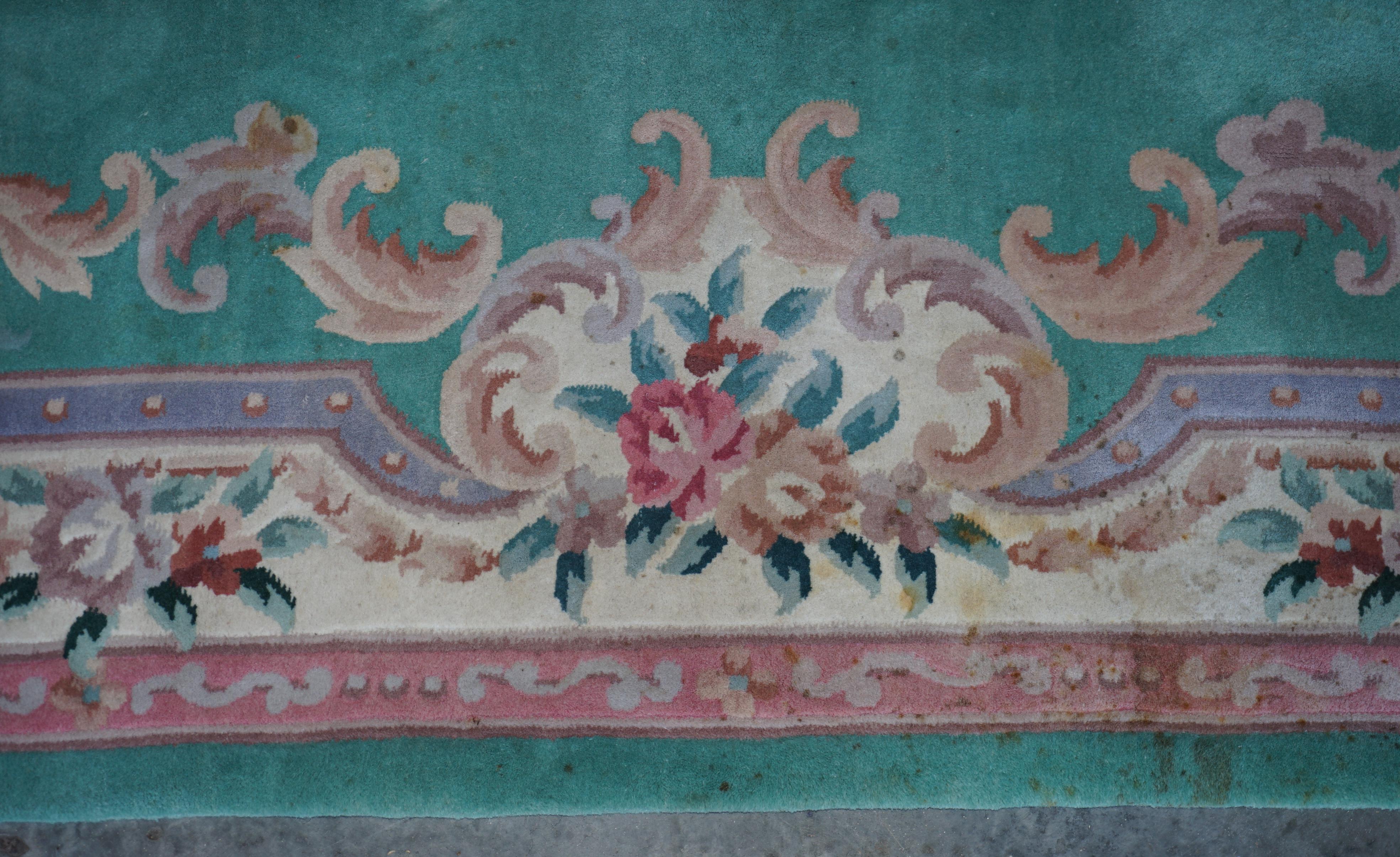 Very Large Chinese Vintage Floral Medallion Border Rug in Aqua and Pink Tones For Sale 4