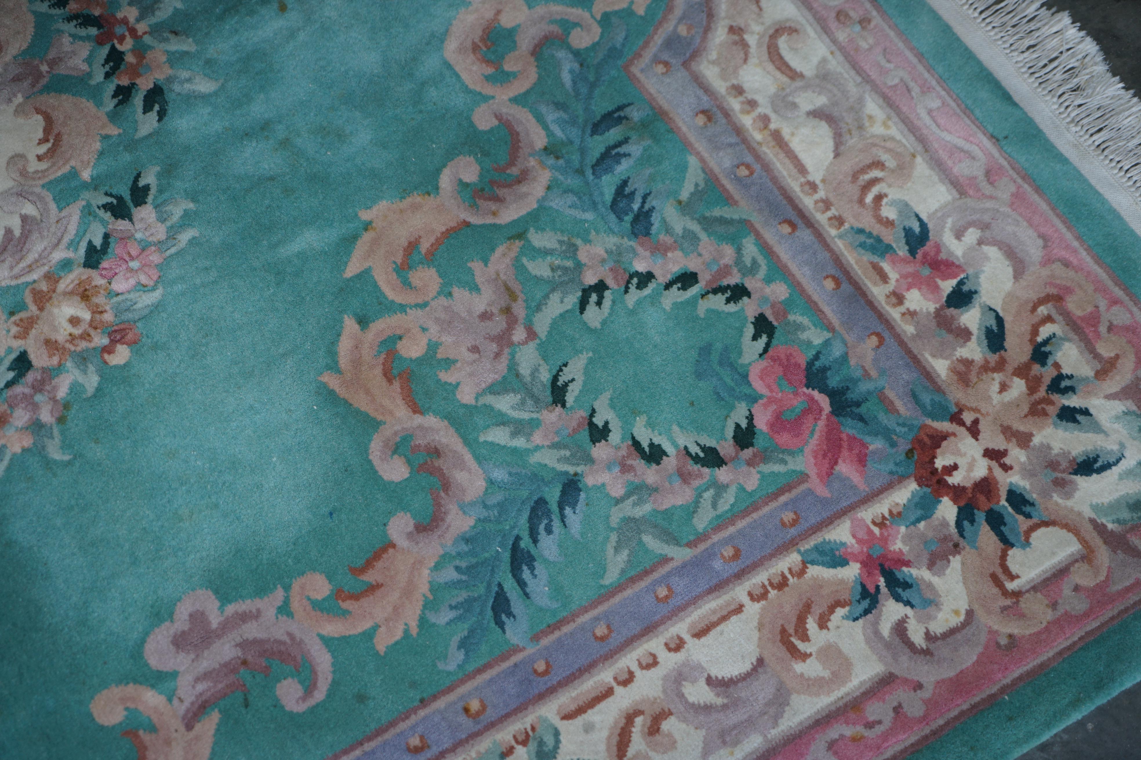 Very Large Chinese Vintage Floral Medallion Border Rug in Aqua and Pink Tones For Sale 5