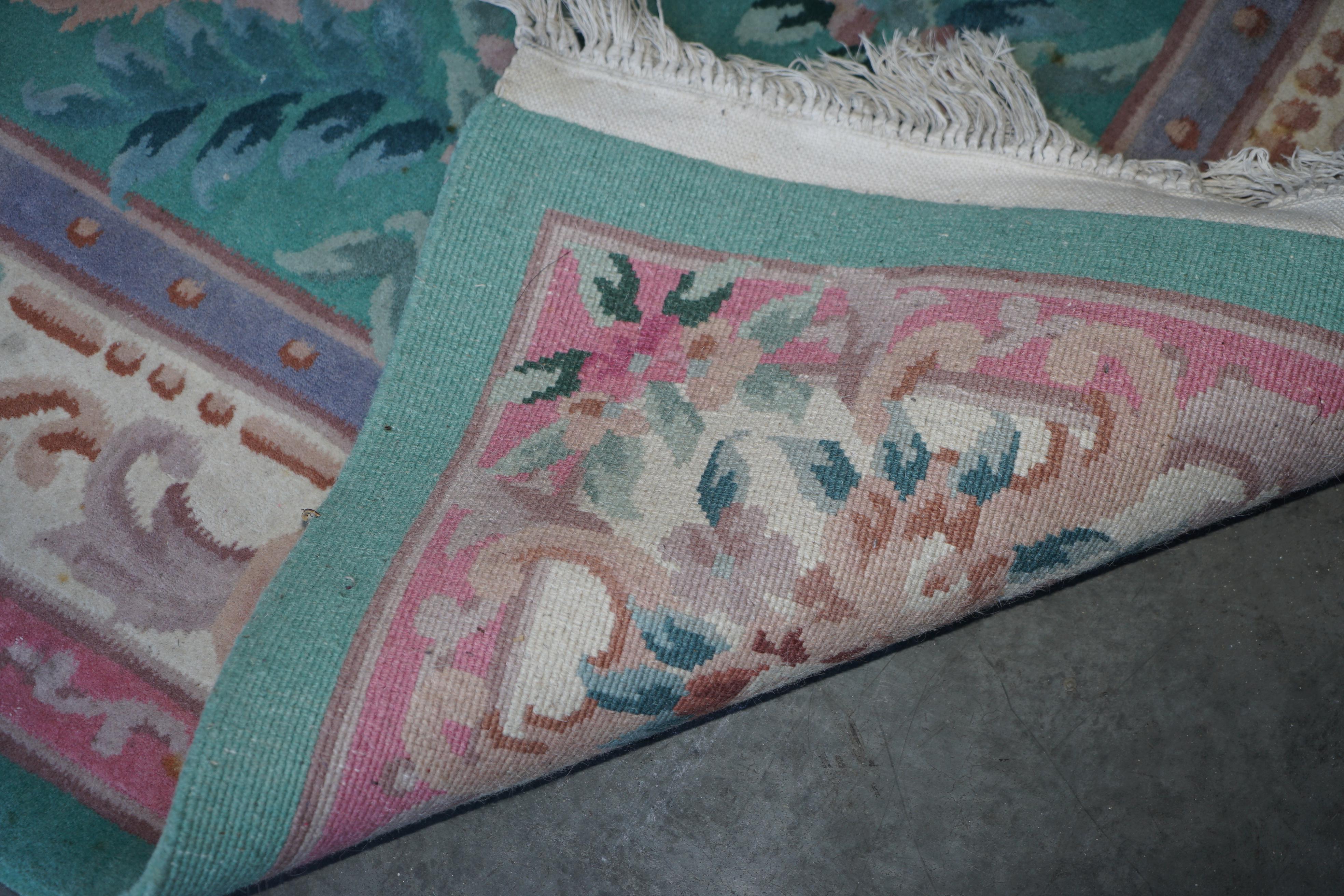 Very Large Chinese Vintage Floral Medallion Border Rug in Aqua and Pink Tones For Sale 6