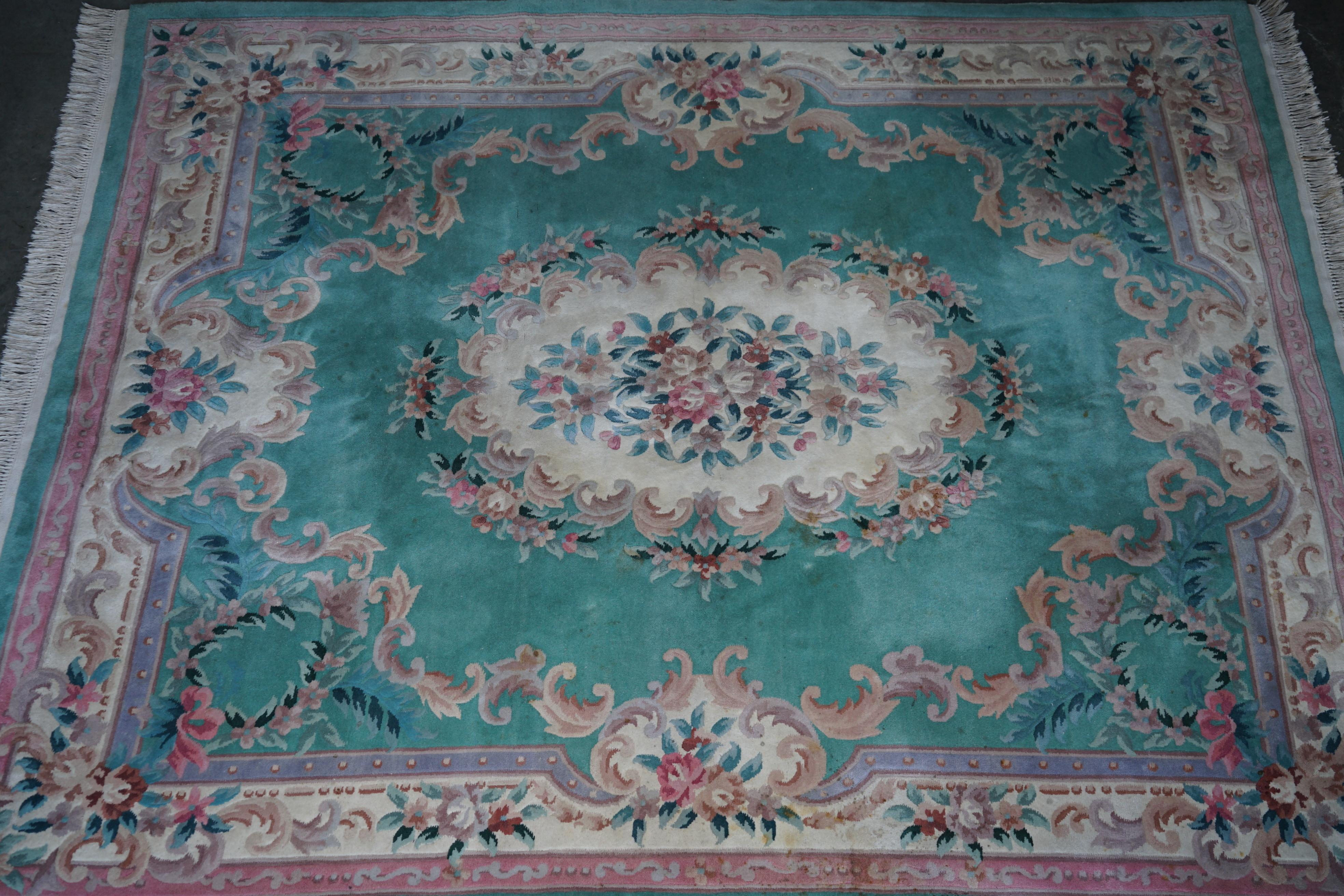 We are delighted to offer for sale this very large country house, vintage Chinese design rug with lovely Floral aqua and pink tones 

I have a collection of 12 rugs I’m now listing for sale of all kinds of ages, periods, and sizes, some of them
