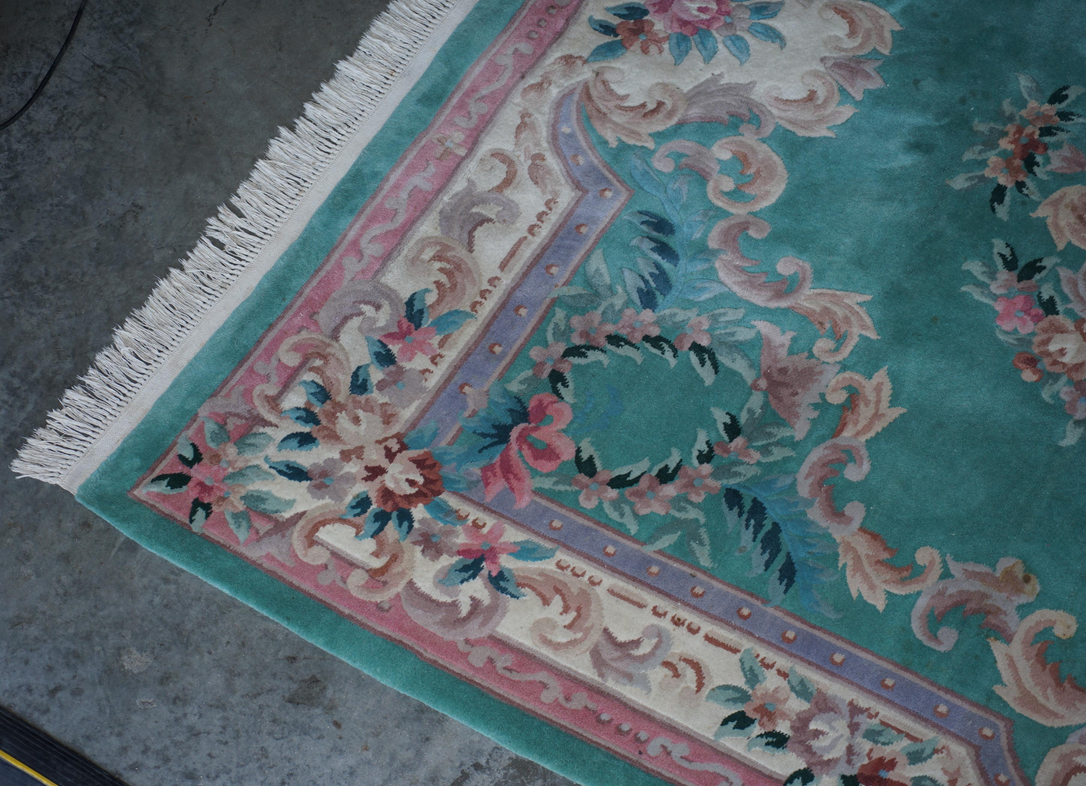 Country Very Large Chinese Vintage Floral Medallion Border Rug in Aqua and Pink Tones For Sale