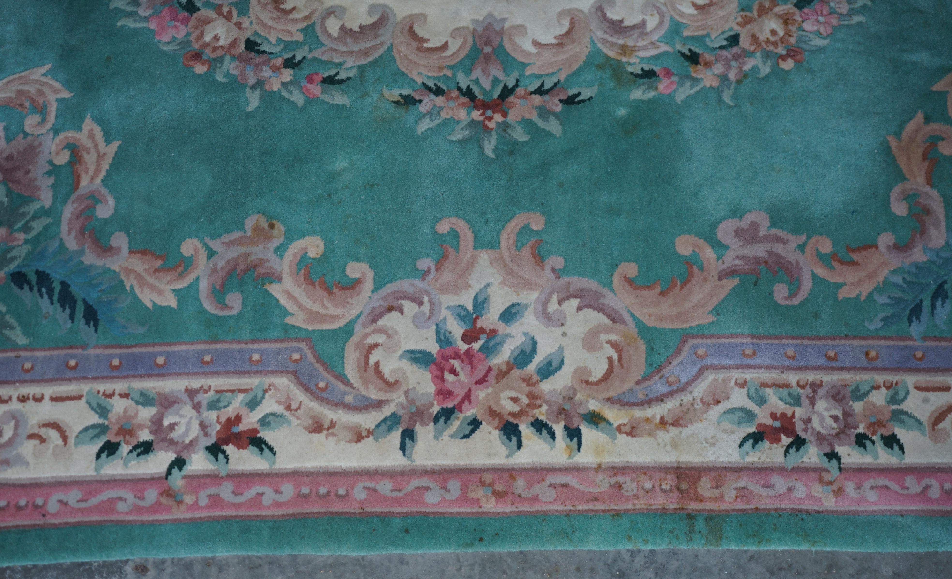 Hand-Crafted Very Large Chinese Vintage Floral Medallion Border Rug in Aqua and Pink Tones For Sale