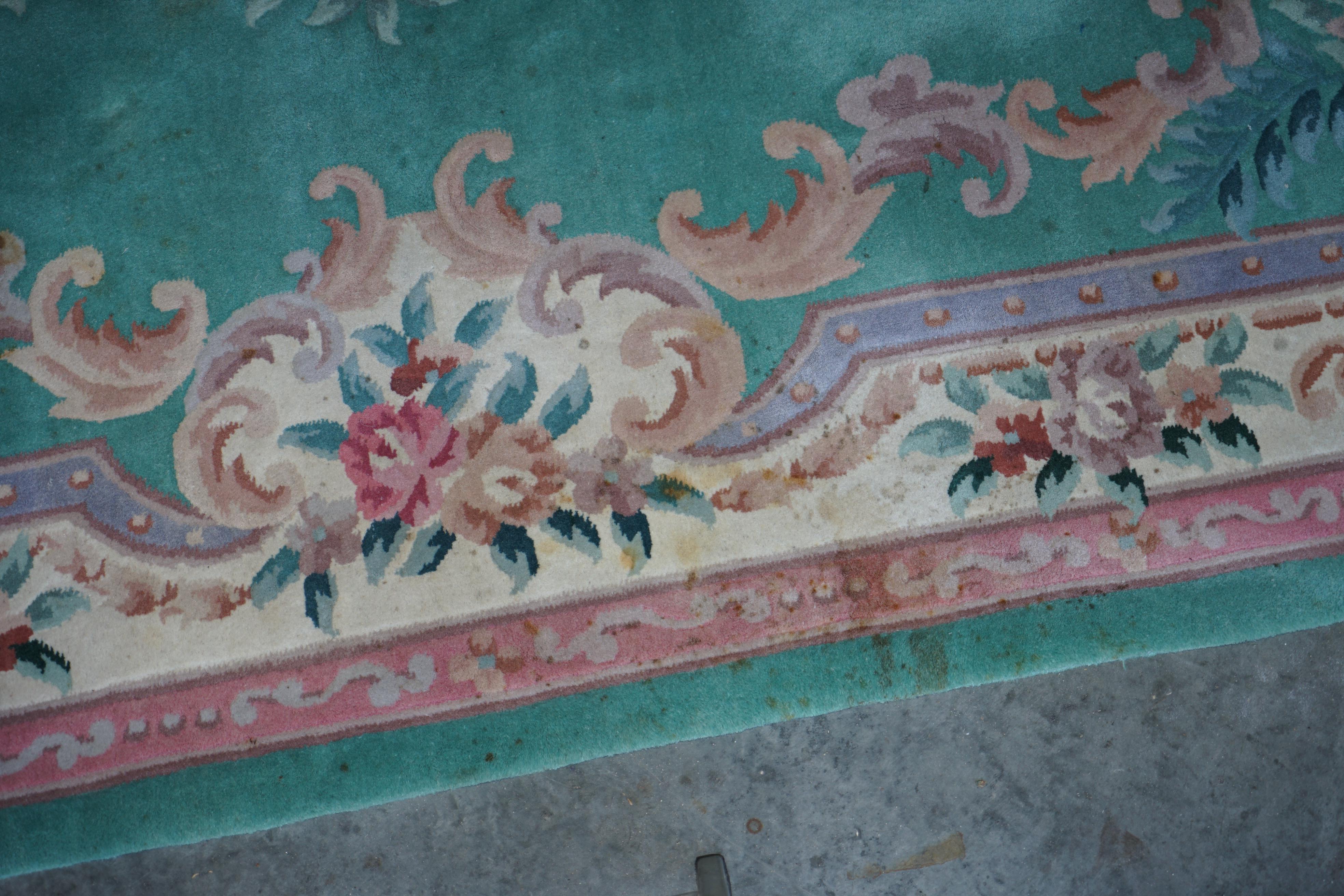 20th Century Very Large Chinese Vintage Floral Medallion Border Rug in Aqua and Pink Tones For Sale