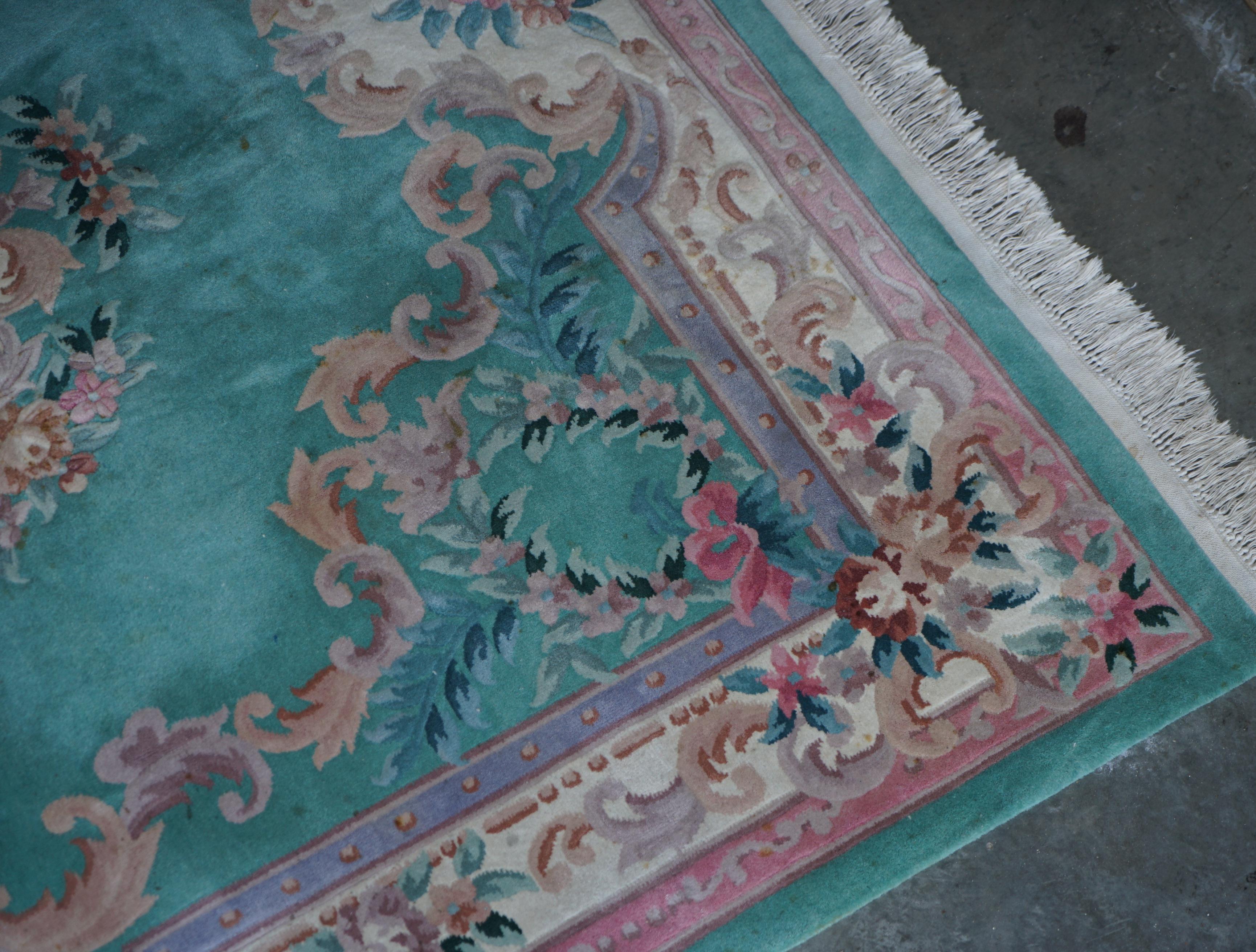 Wool Very Large Chinese Vintage Floral Medallion Border Rug in Aqua and Pink Tones For Sale