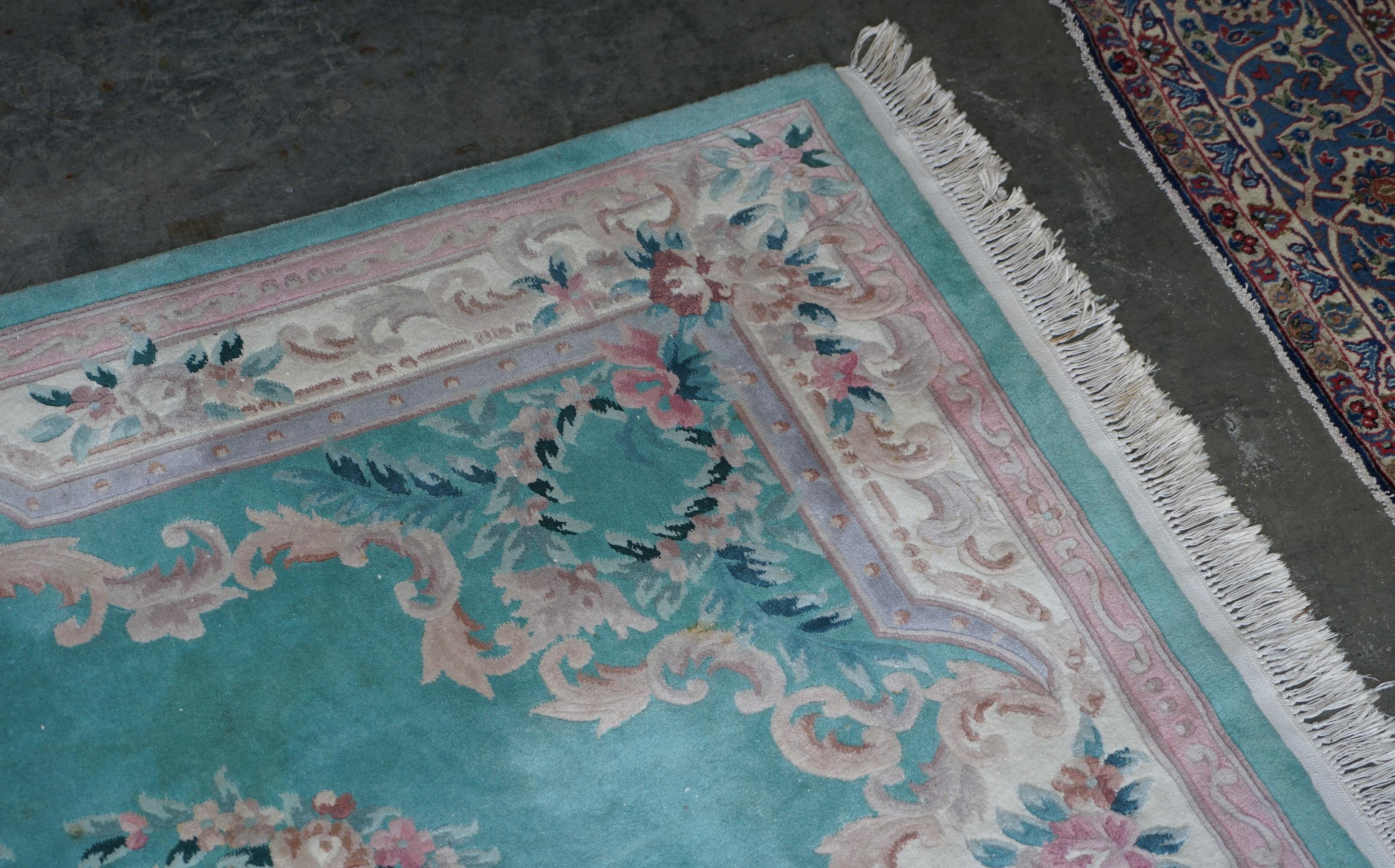 Very Large Chinese Vintage Floral Medallion Border Rug in Aqua and Pink Tones For Sale 1