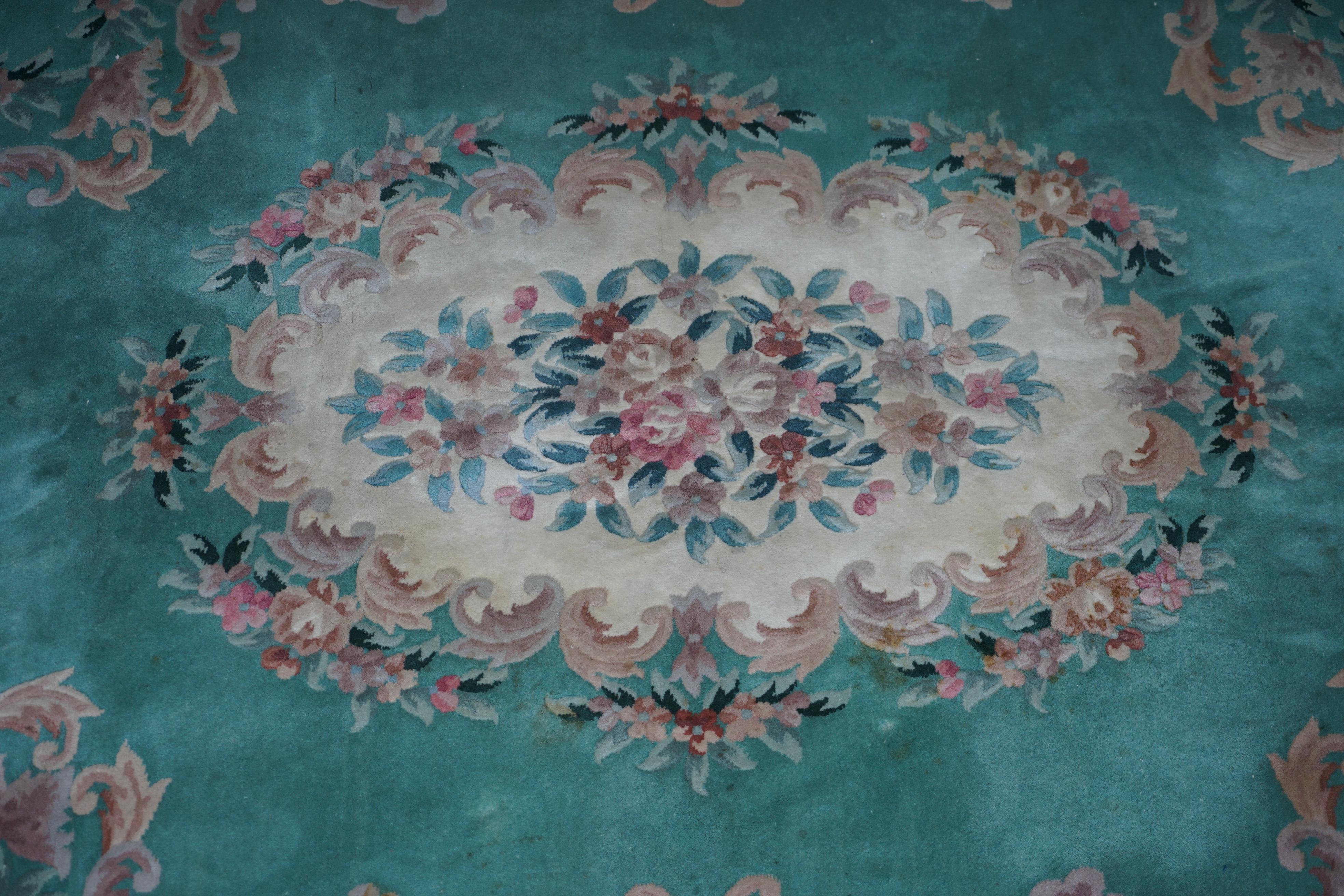 Very Large Chinese Vintage Floral Medallion Border Rug in Aqua and Pink Tones For Sale 2