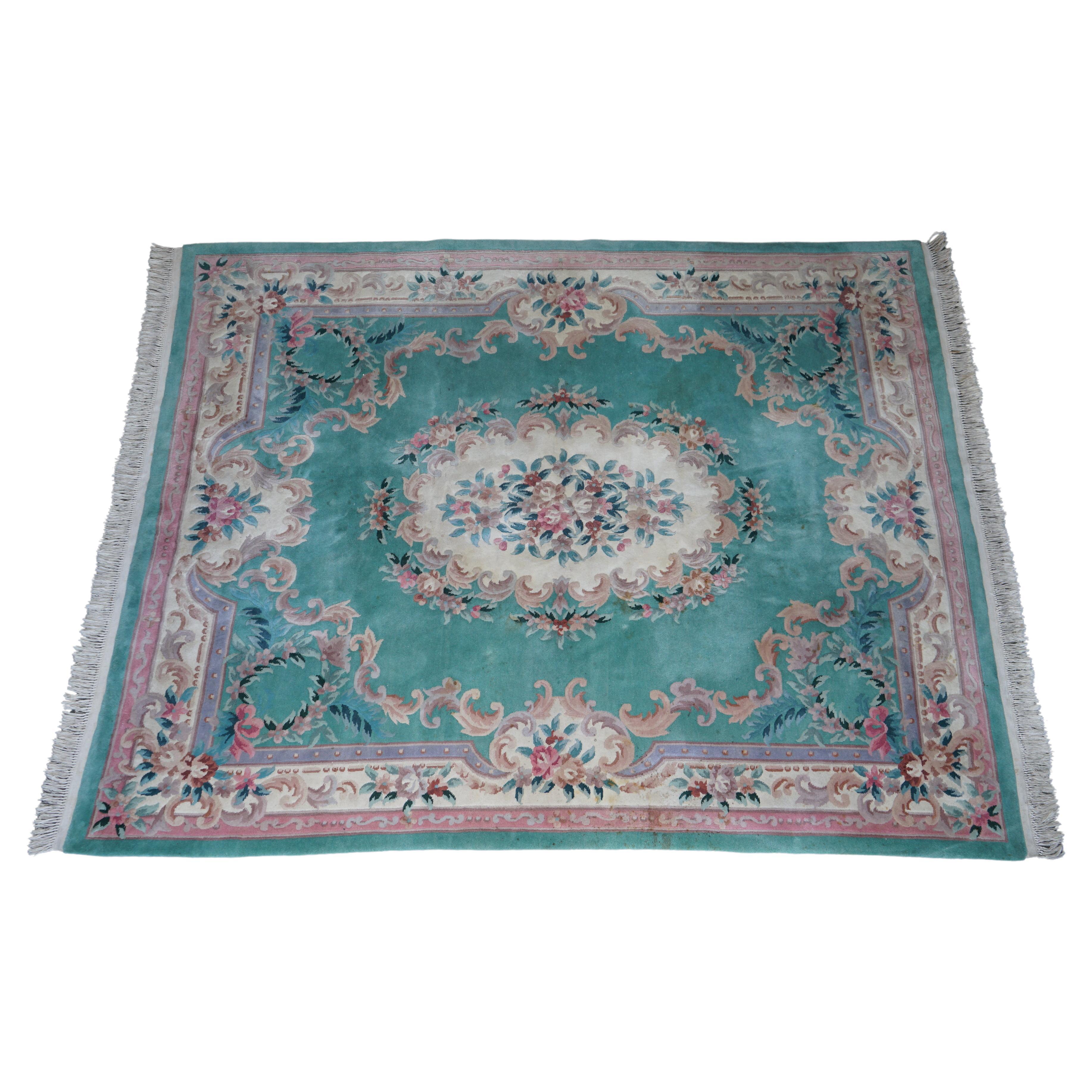 Very Large Chinese Vintage Floral Medallion Border Rug in Aqua and Pink Tones For Sale