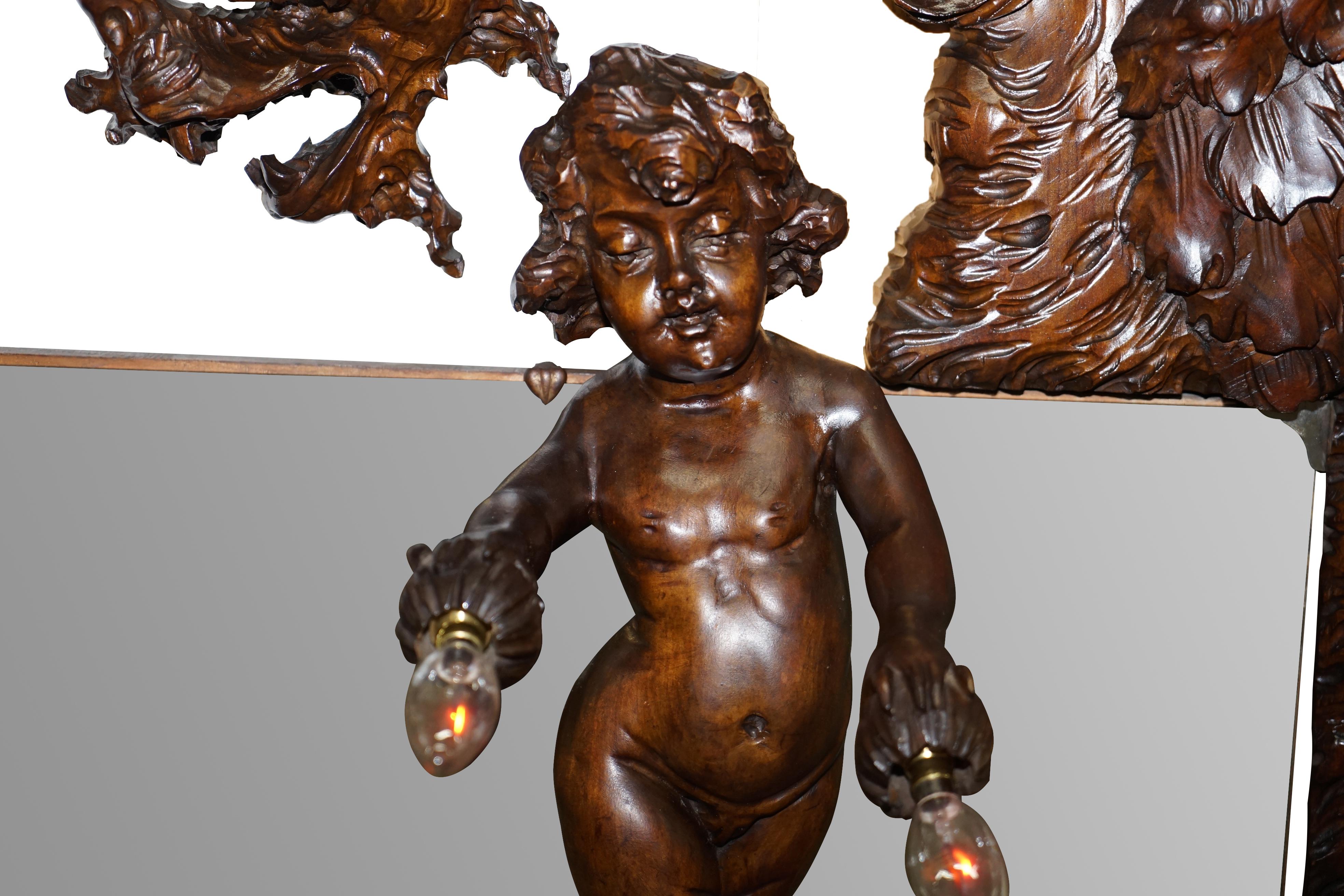 Late Victorian Very Large circa 1900 Hand Carved Wall Mirror Putti Angel with Lights & Dragon For Sale
