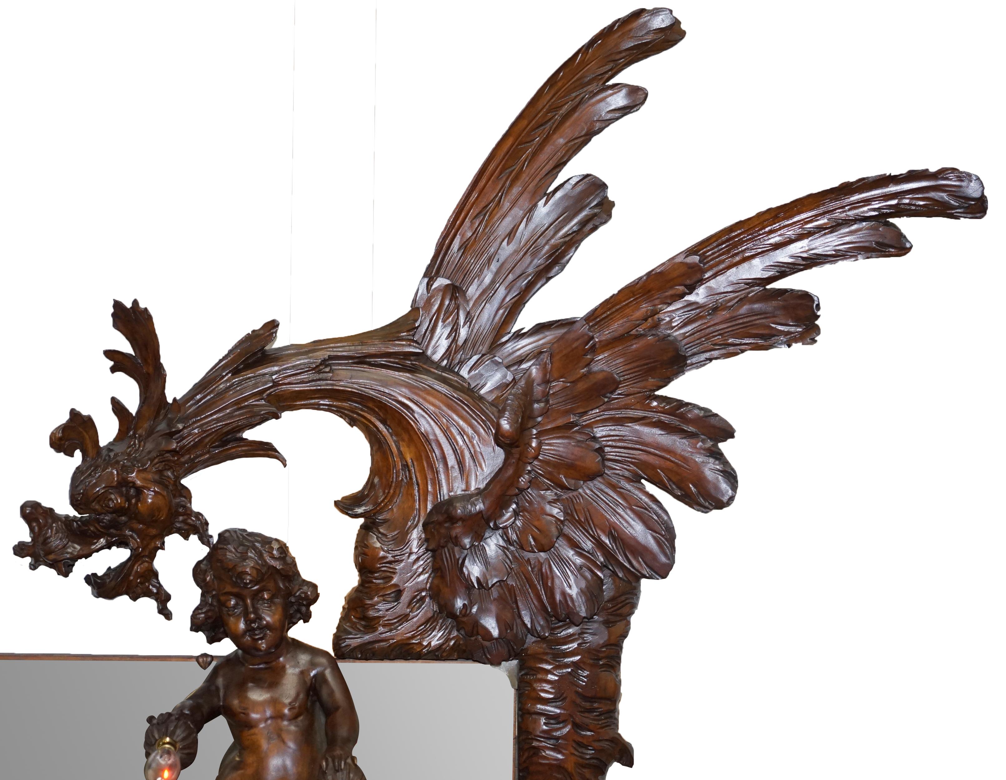 Early 20th Century Very Large circa 1900 Hand Carved Wall Mirror Putti Angel with Lights & Dragon For Sale