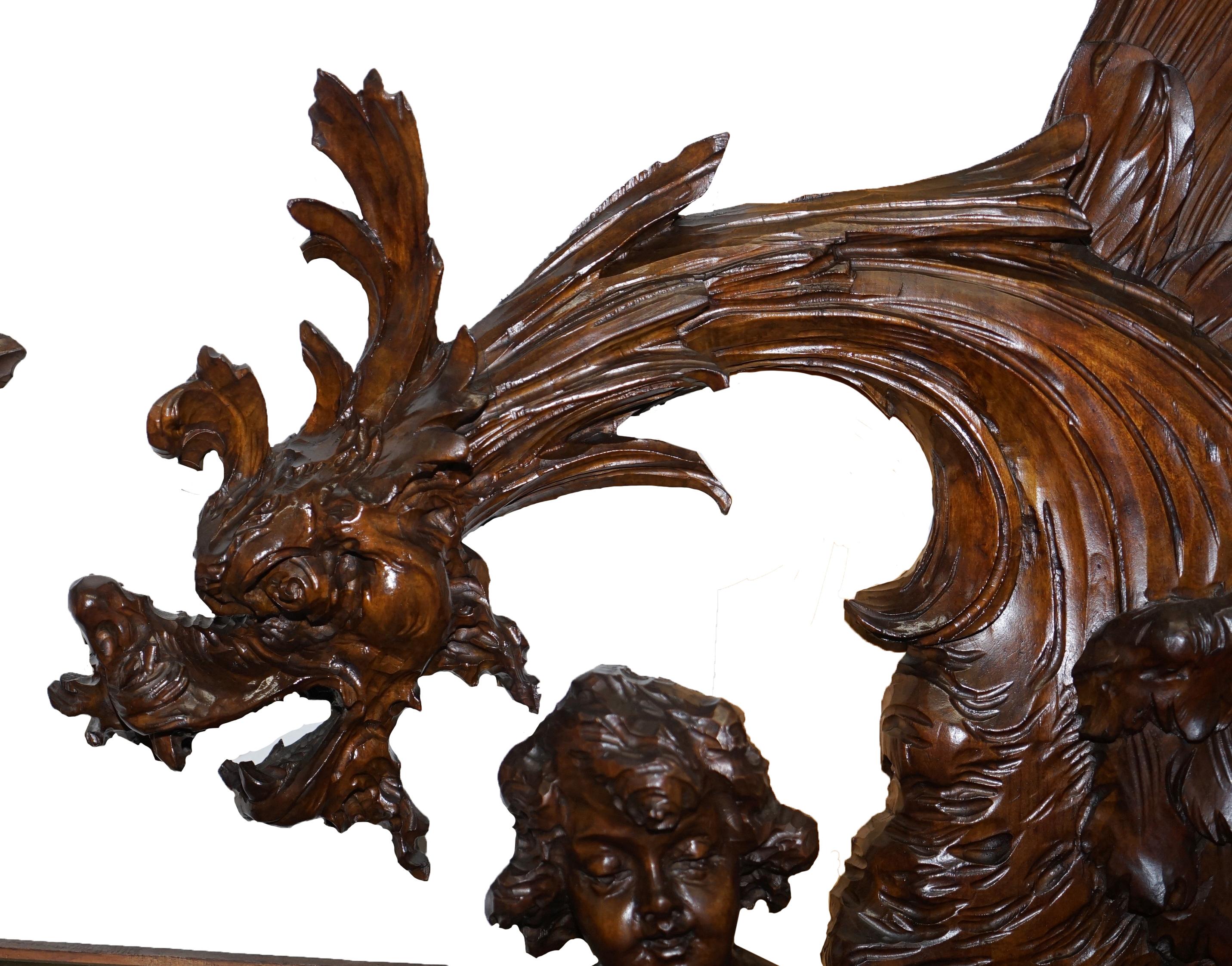Very Large circa 1900 Hand Carved Wall Mirror Putti Angel with Lights & Dragon For Sale 1