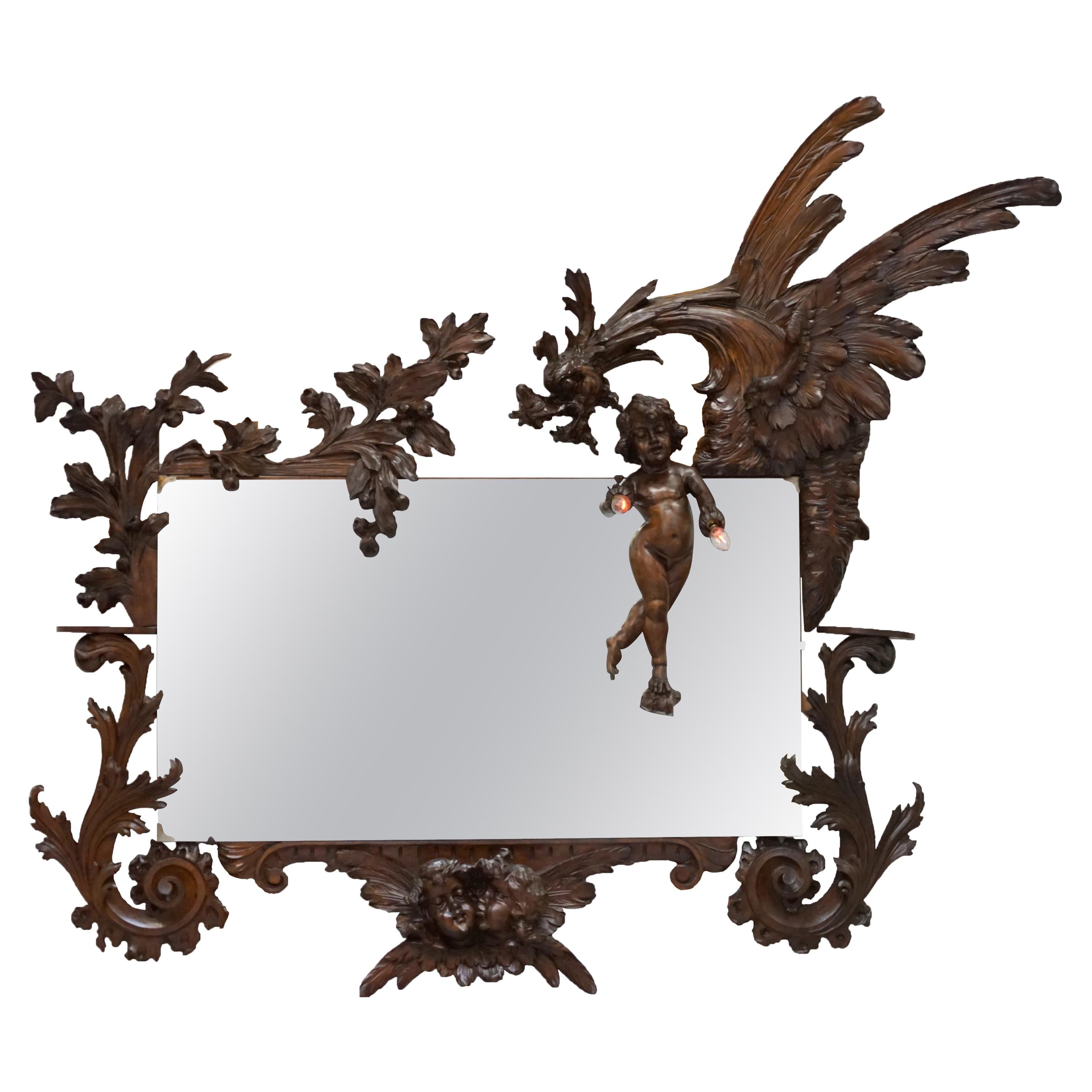 Very Large circa 1900 Hand Carved Wall Mirror Putti Angel with Lights & Dragon For Sale