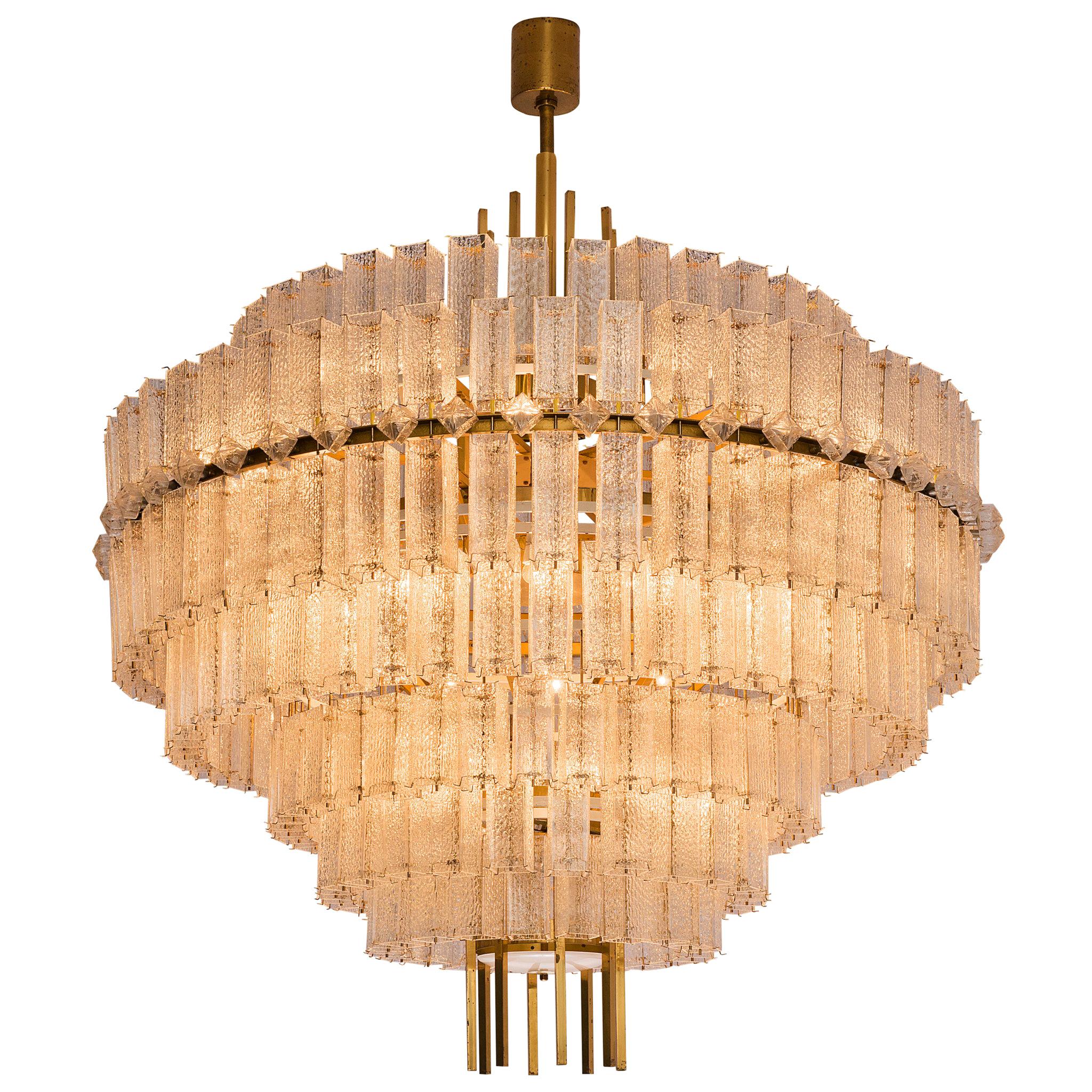 Very Large Circular Chandelier in Brass and Structured Glass