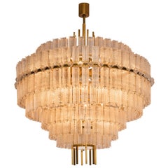 Very Large Circular Chandelier in Brass and Structured Glass