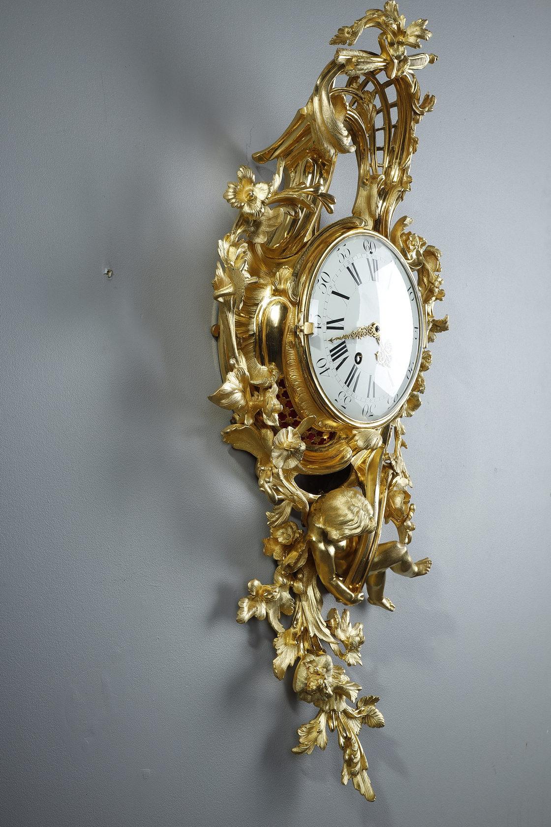 Gilt Very Large Clock Sconce After Caffieri in Rococo Style