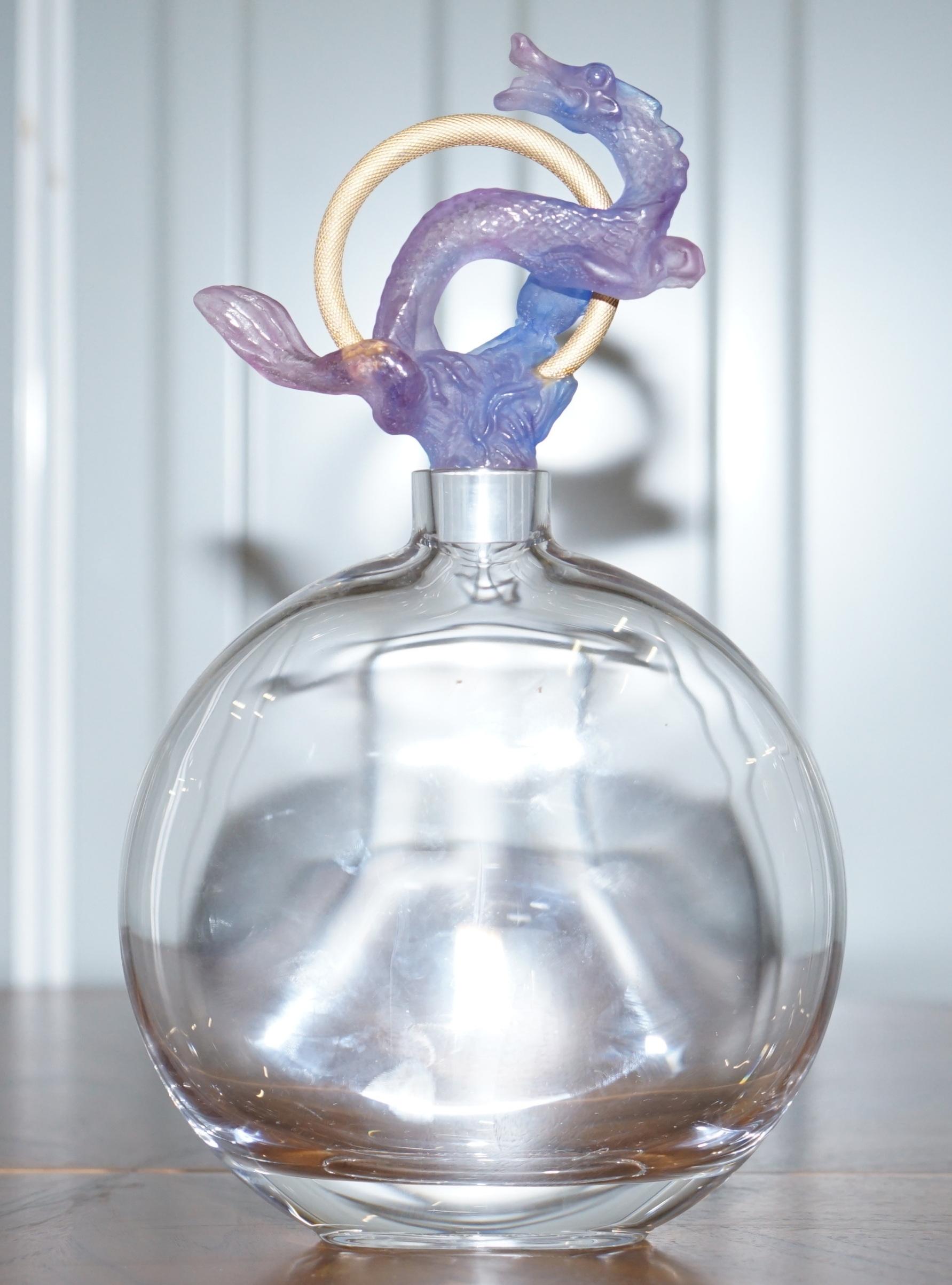 Hand-Crafted Very Large Daum France Glass Scent Perfume Bottle with Chinese Dragon Cock Top
