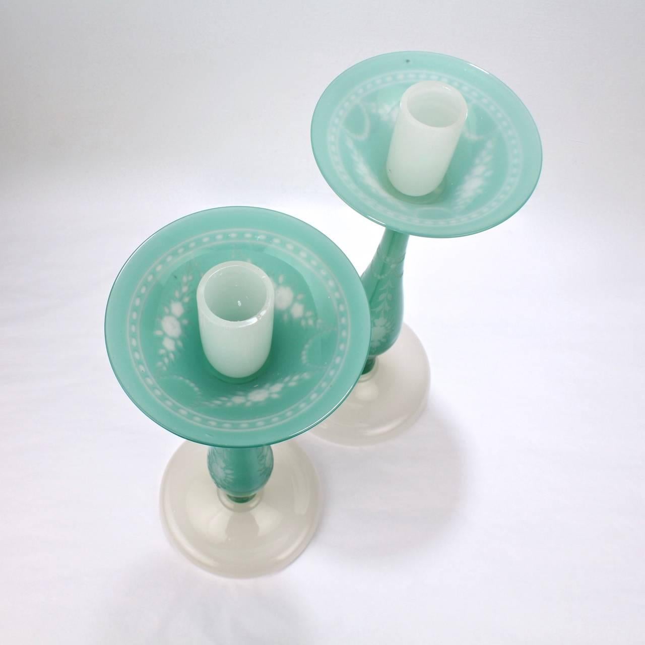 Very Large Deco Pair of Steuben Jade & Alabaster Glass York Pattern Candlesticks In Good Condition In Philadelphia, PA