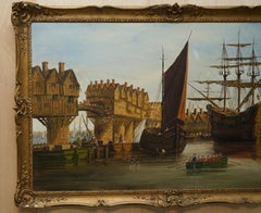 Very Large Decorative Oil on Canvas of a Victorian Naval Scene on the Thames