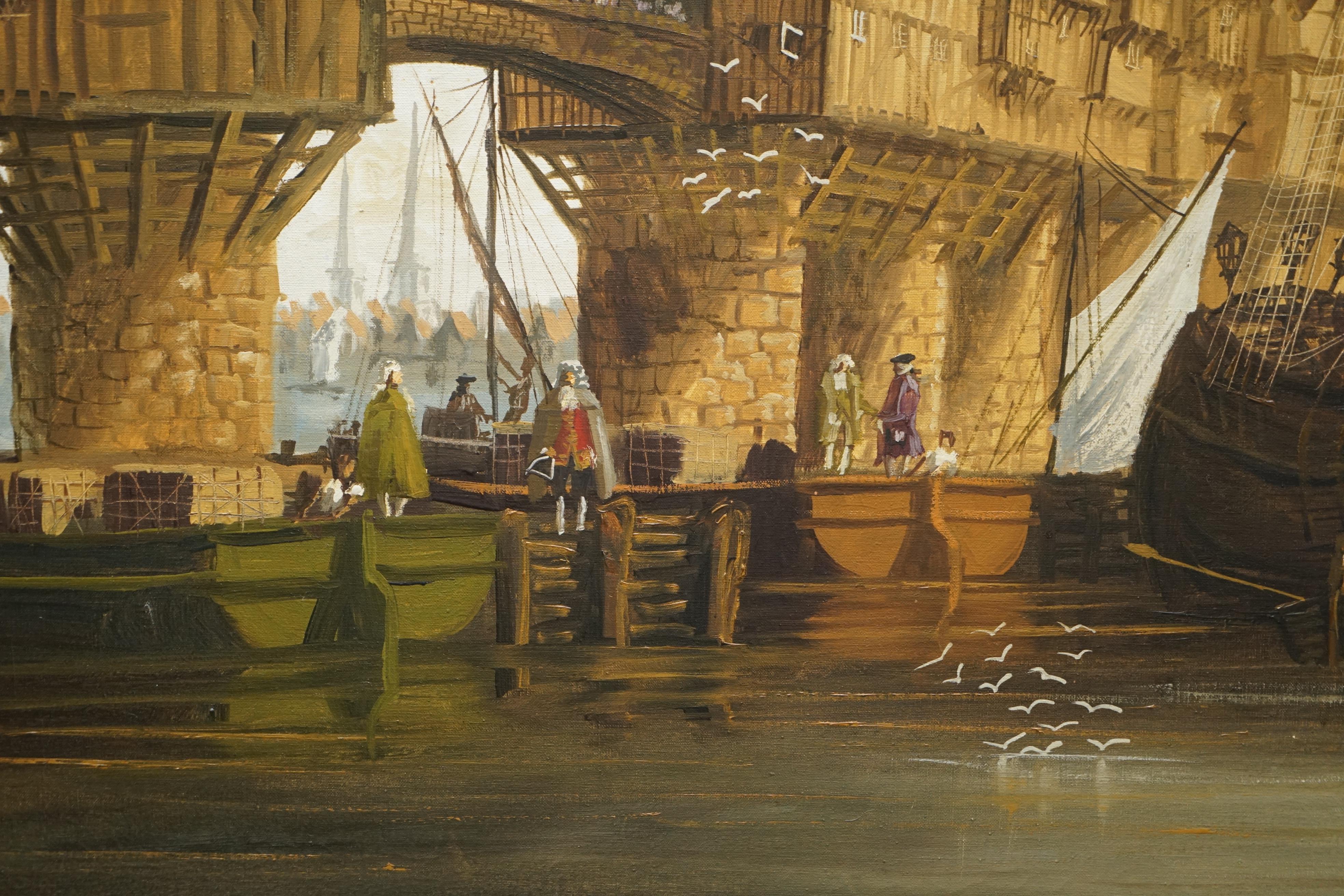 English Very Large Decorative Oil on Canvas of a Victorian Naval Scene on the Thames For Sale