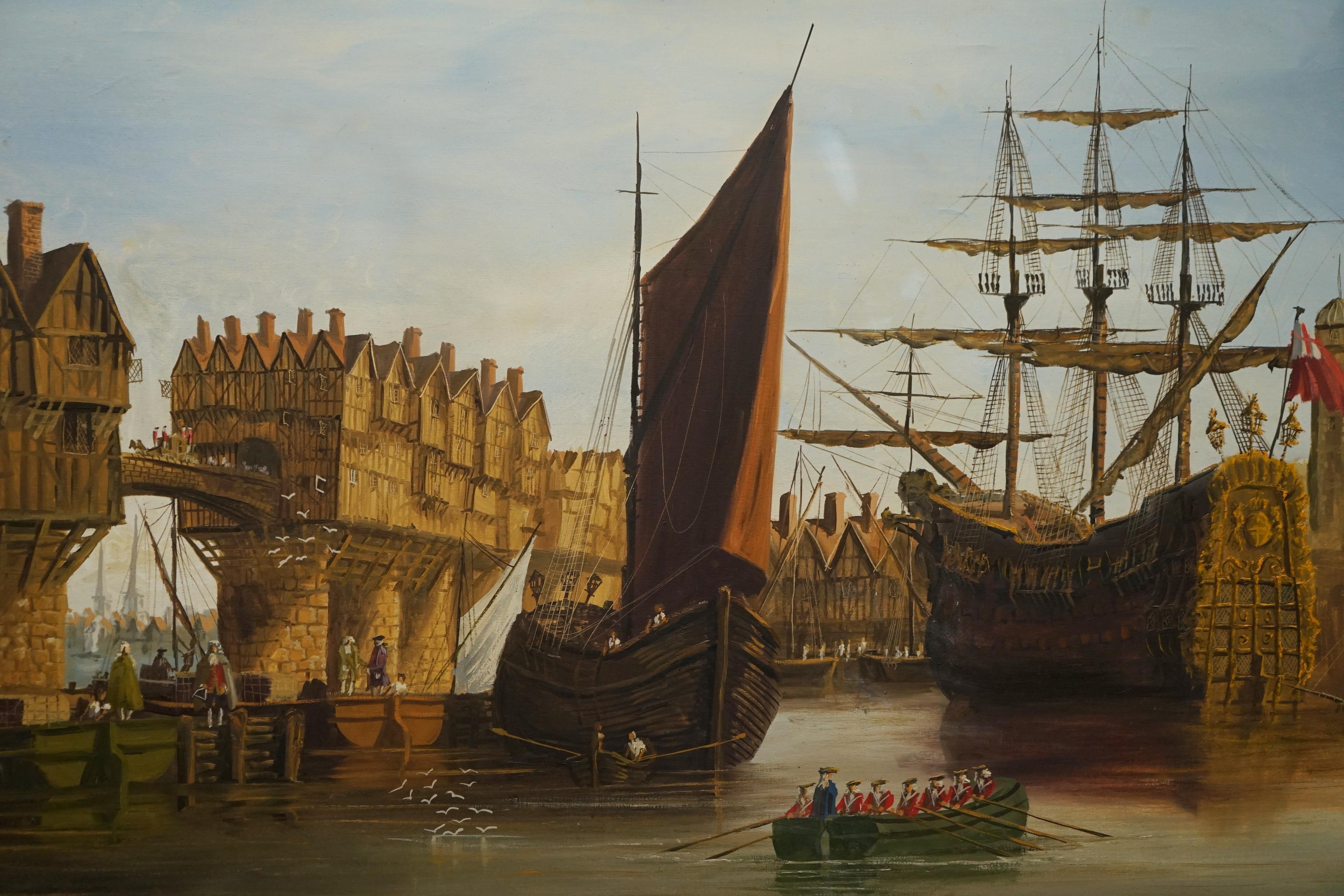 Late 20th Century Very Large Decorative Oil on Canvas of a Victorian Naval Scene on the Thames For Sale