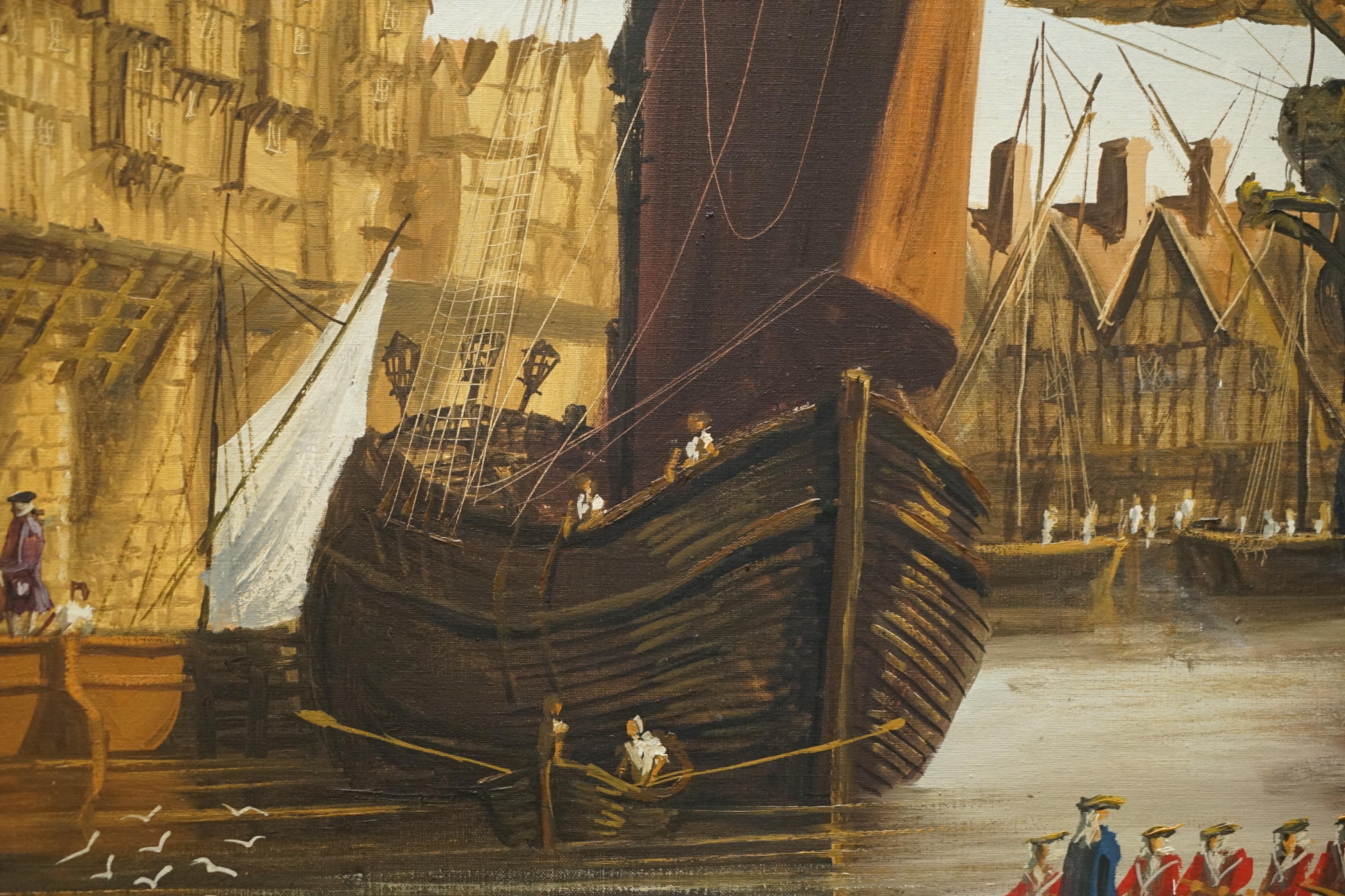 Großes dekoratives Ölgemälde auf Leinwand mit einer viktorianischen Marineszene an der Themse im Angebot 1