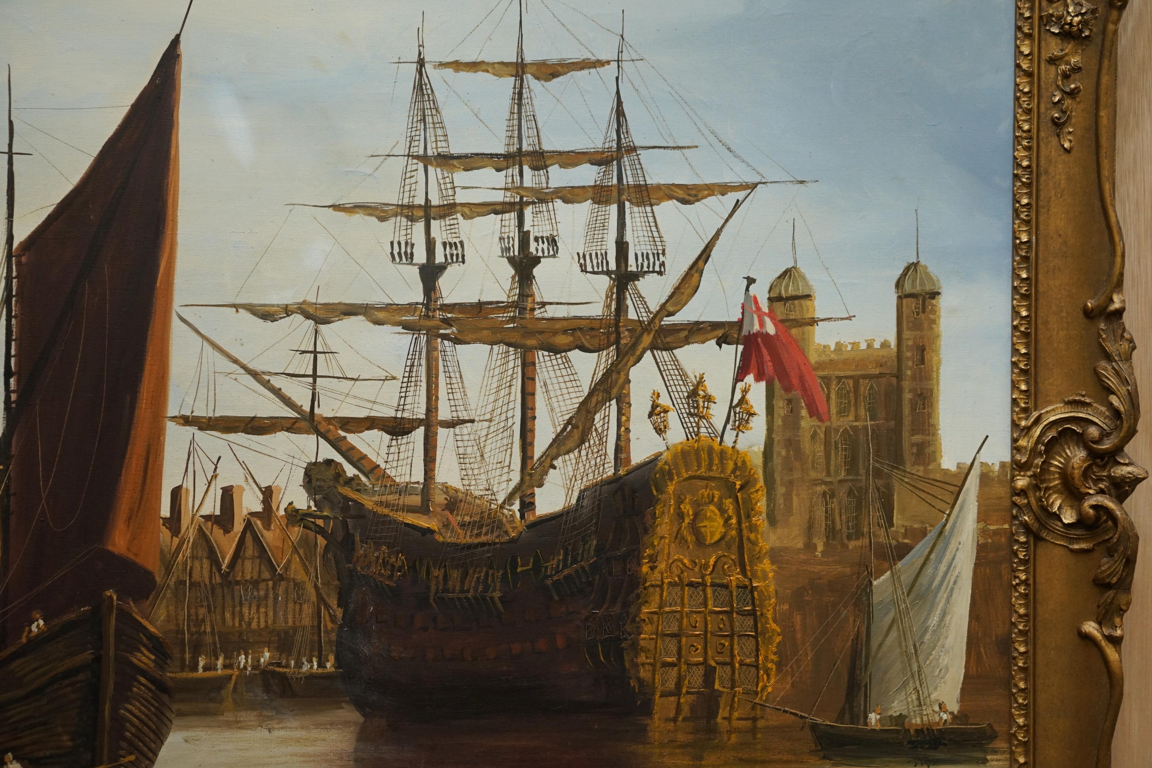 Großes dekoratives Ölgemälde auf Leinwand mit einer viktorianischen Marineszene an der Themse im Angebot 3