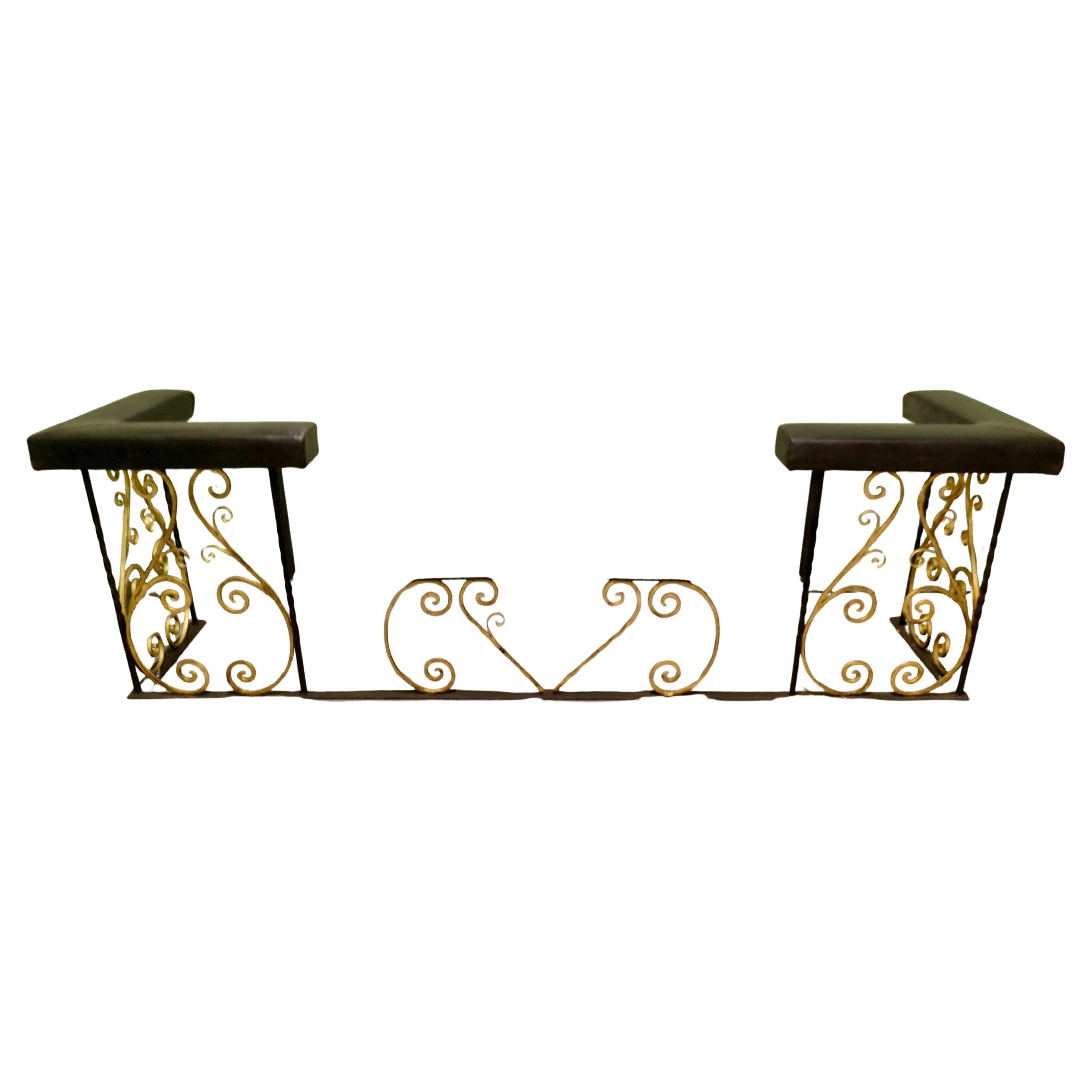 Very large Decorative Wrought Iron and Leather Club Fender