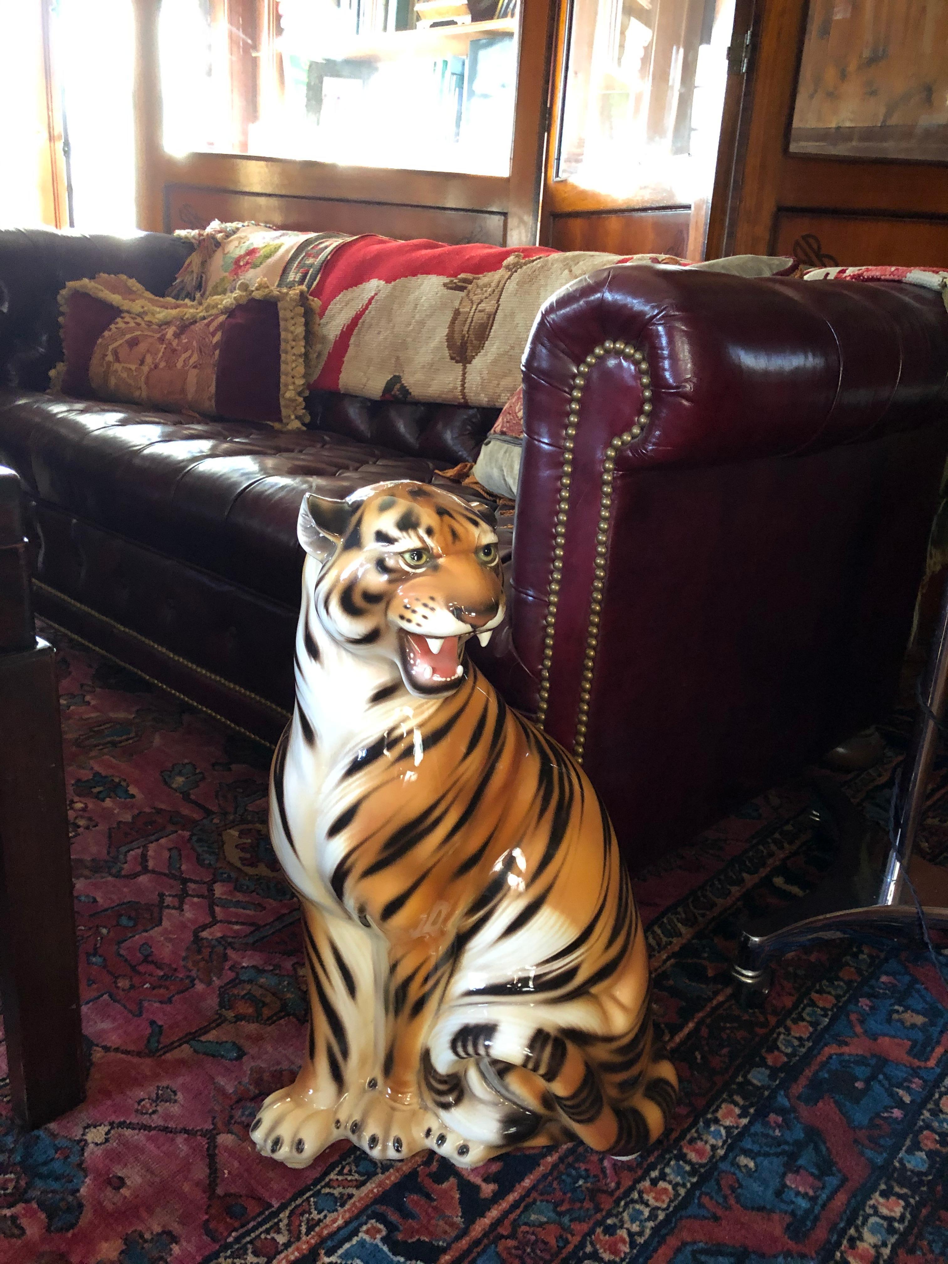 A large ceramic statuette of a tiger having brilliant colors. Marked Made in Italy.