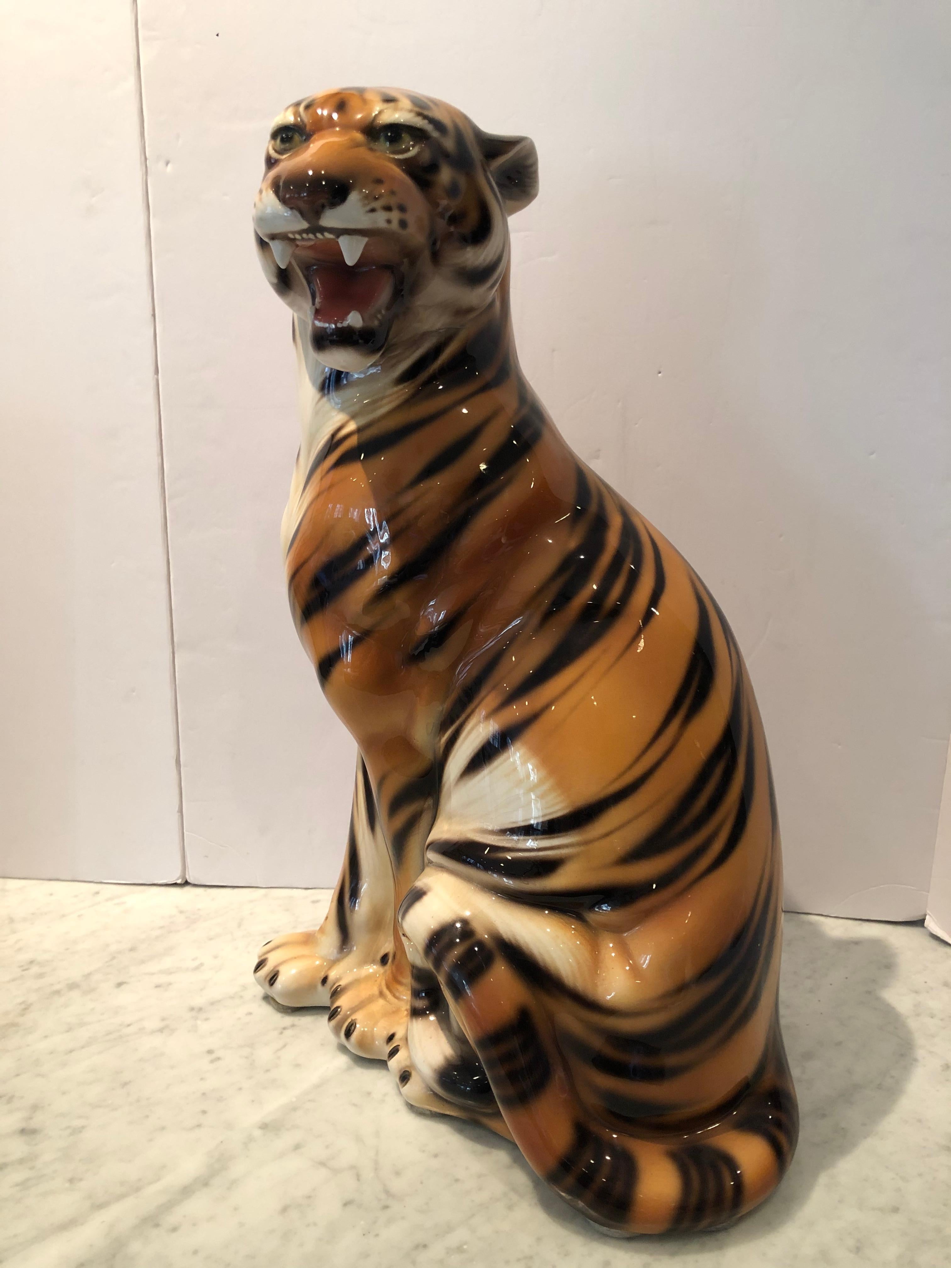 Italian Very Large Dramatic Ceramic Tiger Statue