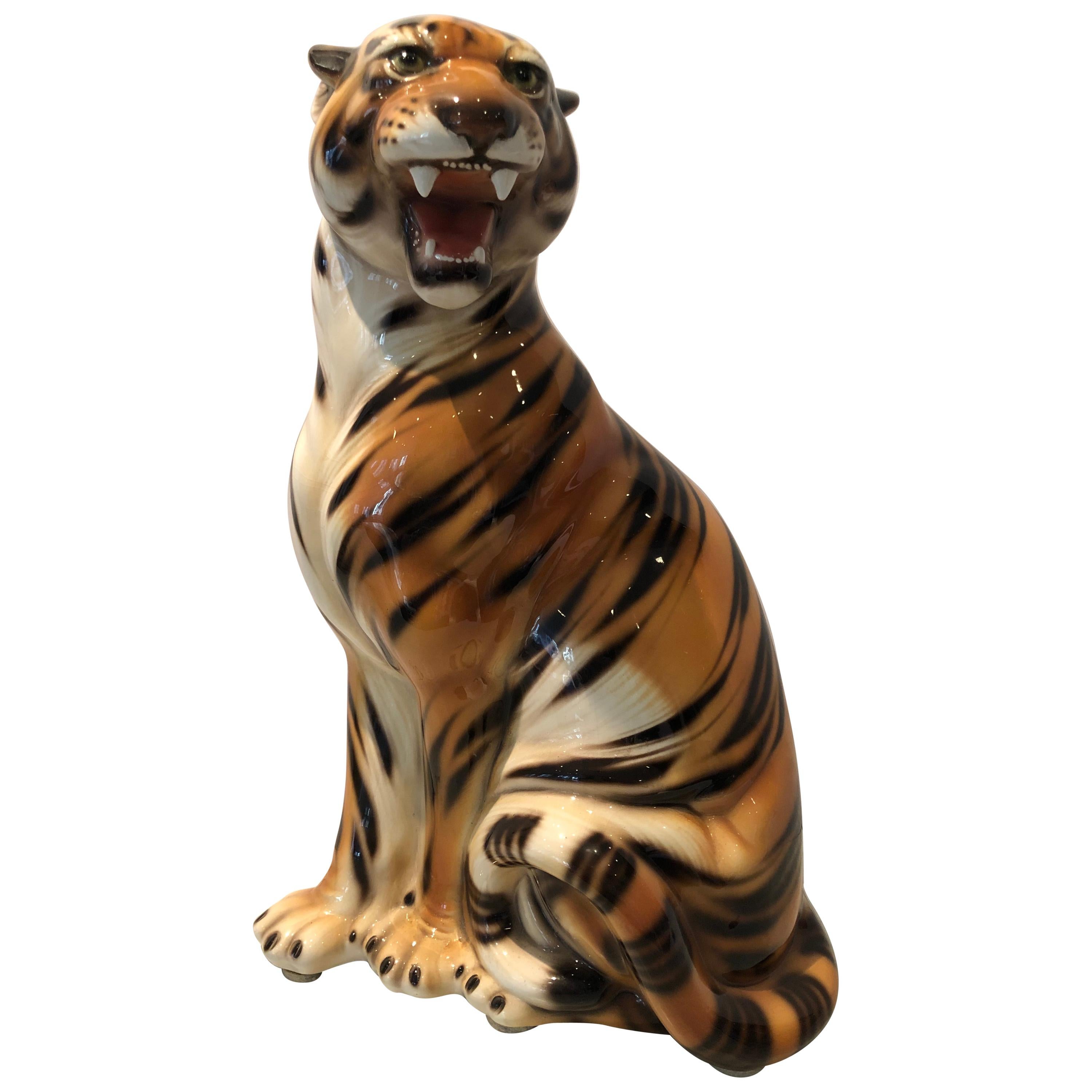 Very Large Dramatic Ceramic Tiger Statue