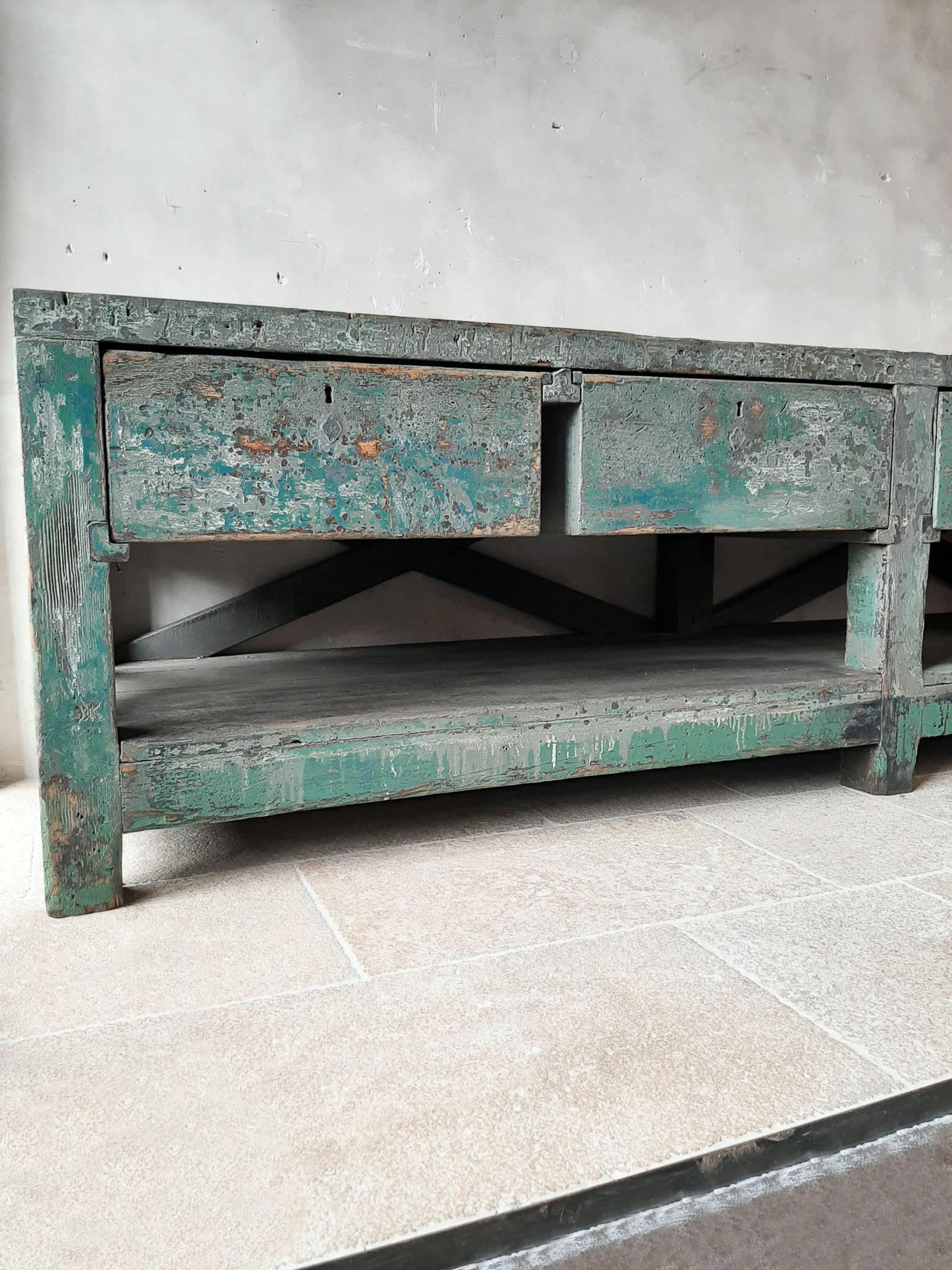 Very Large Dutch Workbench from the 1950s with Original Old Paint Remnants In Good Condition In Baambrugge, NL