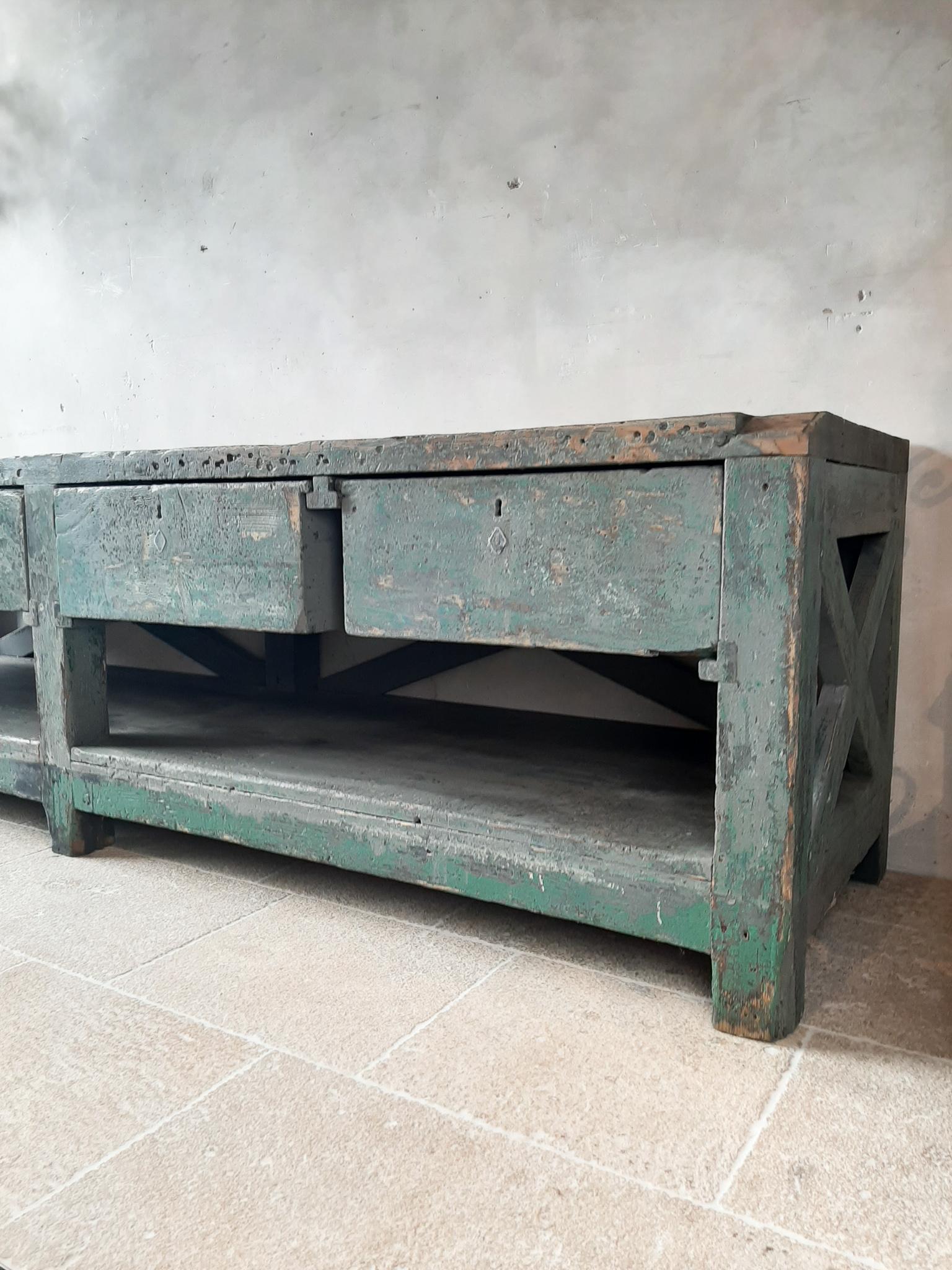 20th Century Very Large Dutch Workbench from the 1950s with Original Old Paint Remnants