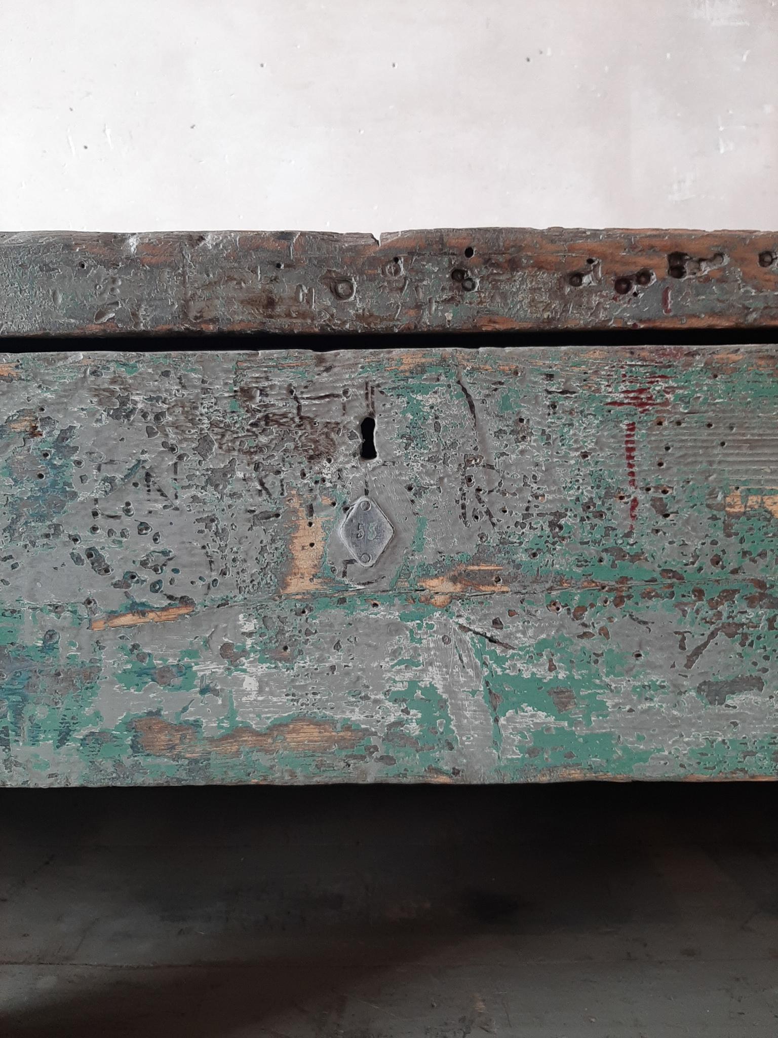 Very Large Dutch Workbench from the 1950s with Original Old Paint Remnants 1
