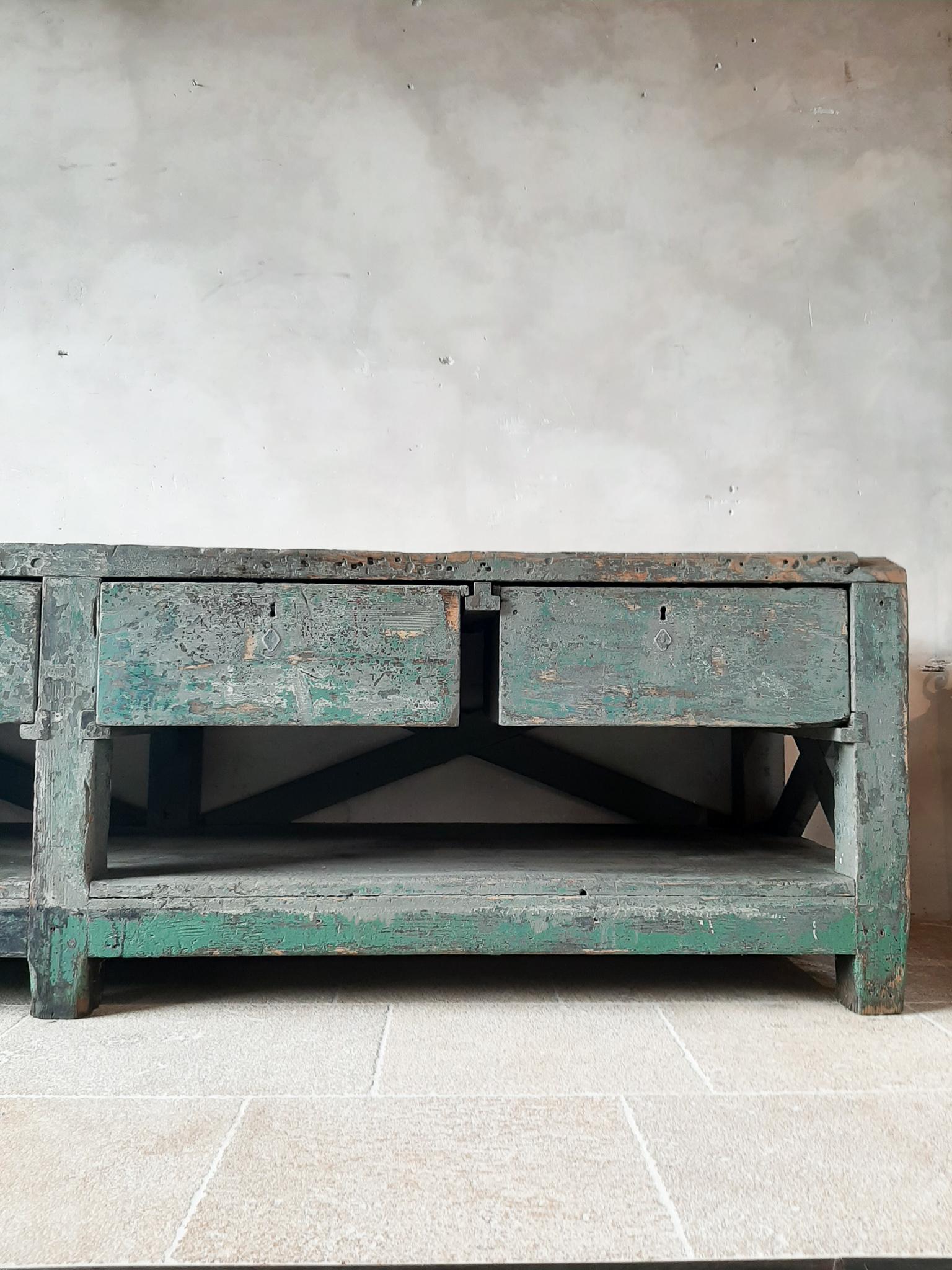 Very Large Dutch Workbench from the 1950s with Original Old Paint Remnants 2