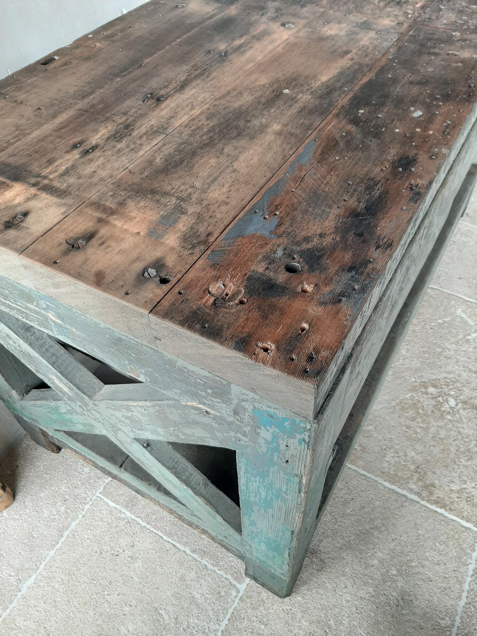 Very Large Dutch Workbench from the 1950s with Original Old Paint Remnants 3