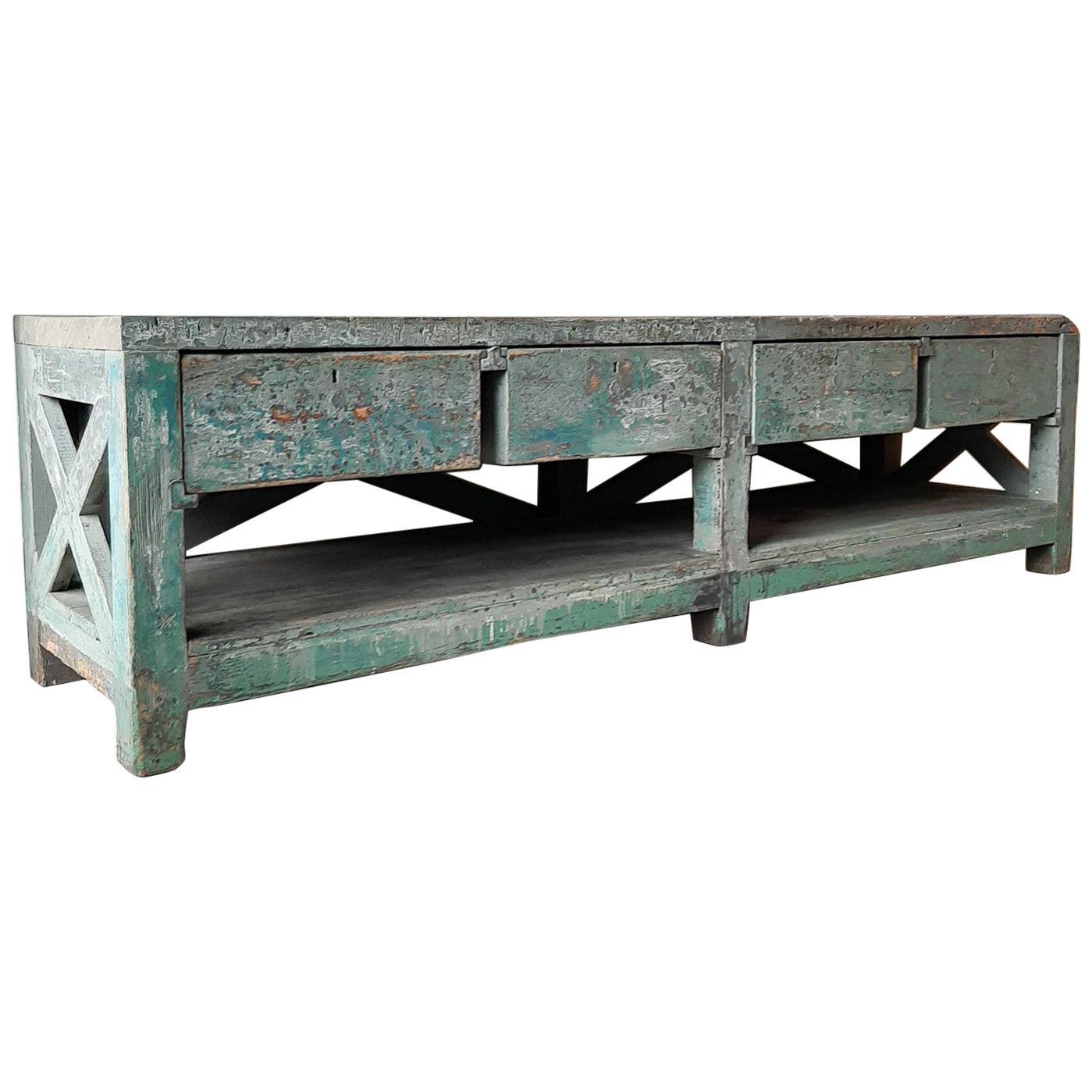 Very Large Dutch Workbench from the 1950s with Original Old Paint Remnants