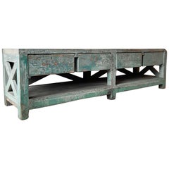 Vintage Very Large Dutch Workbench from the 1950s with Original Old Paint Remnants