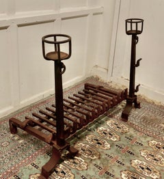 Very Large Early 19th Century French Fire Grate Set on Iron Andirons