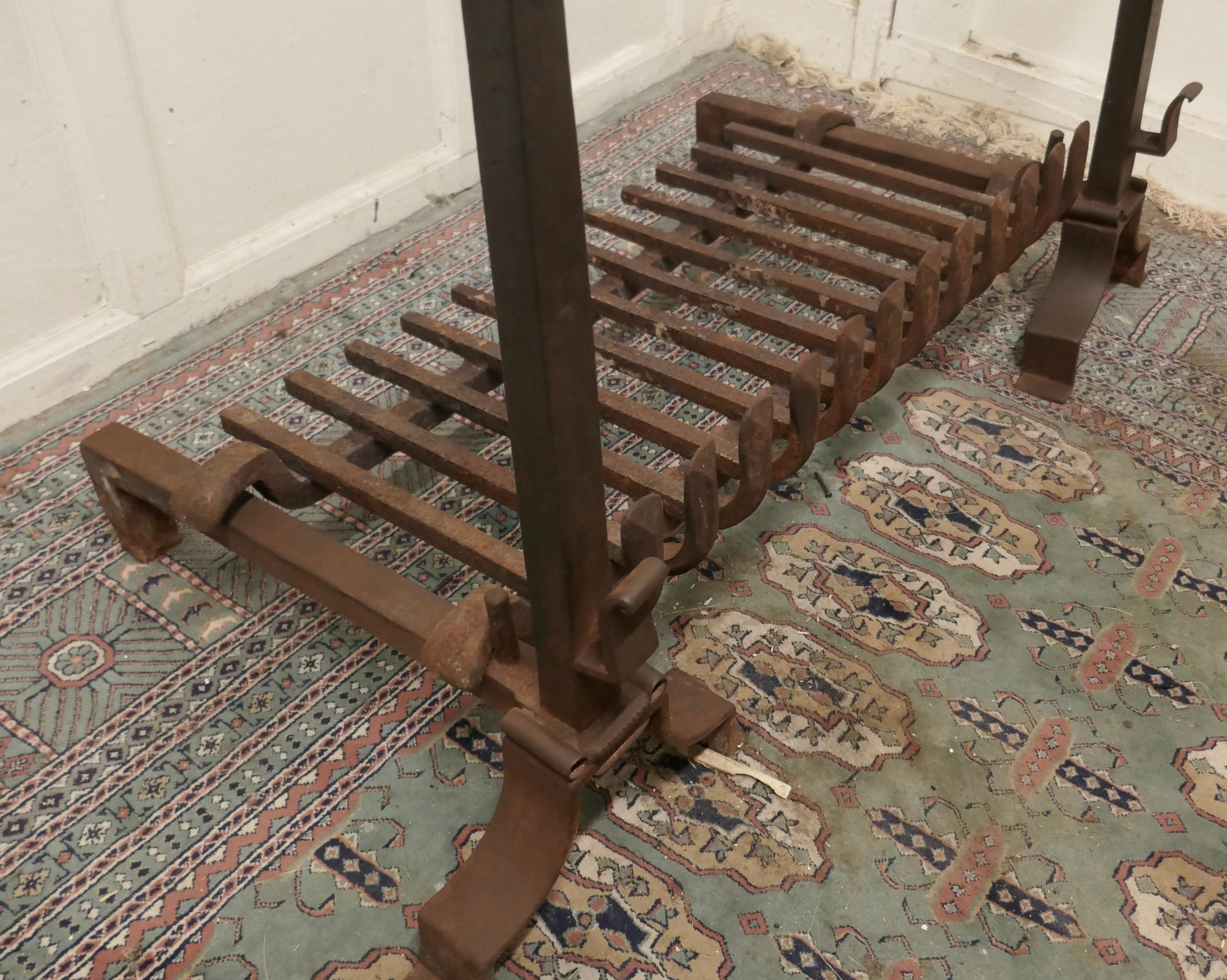 Gothic Very Large Early 19th Century French Fire Grate Set on Iron Andirons For Sale
