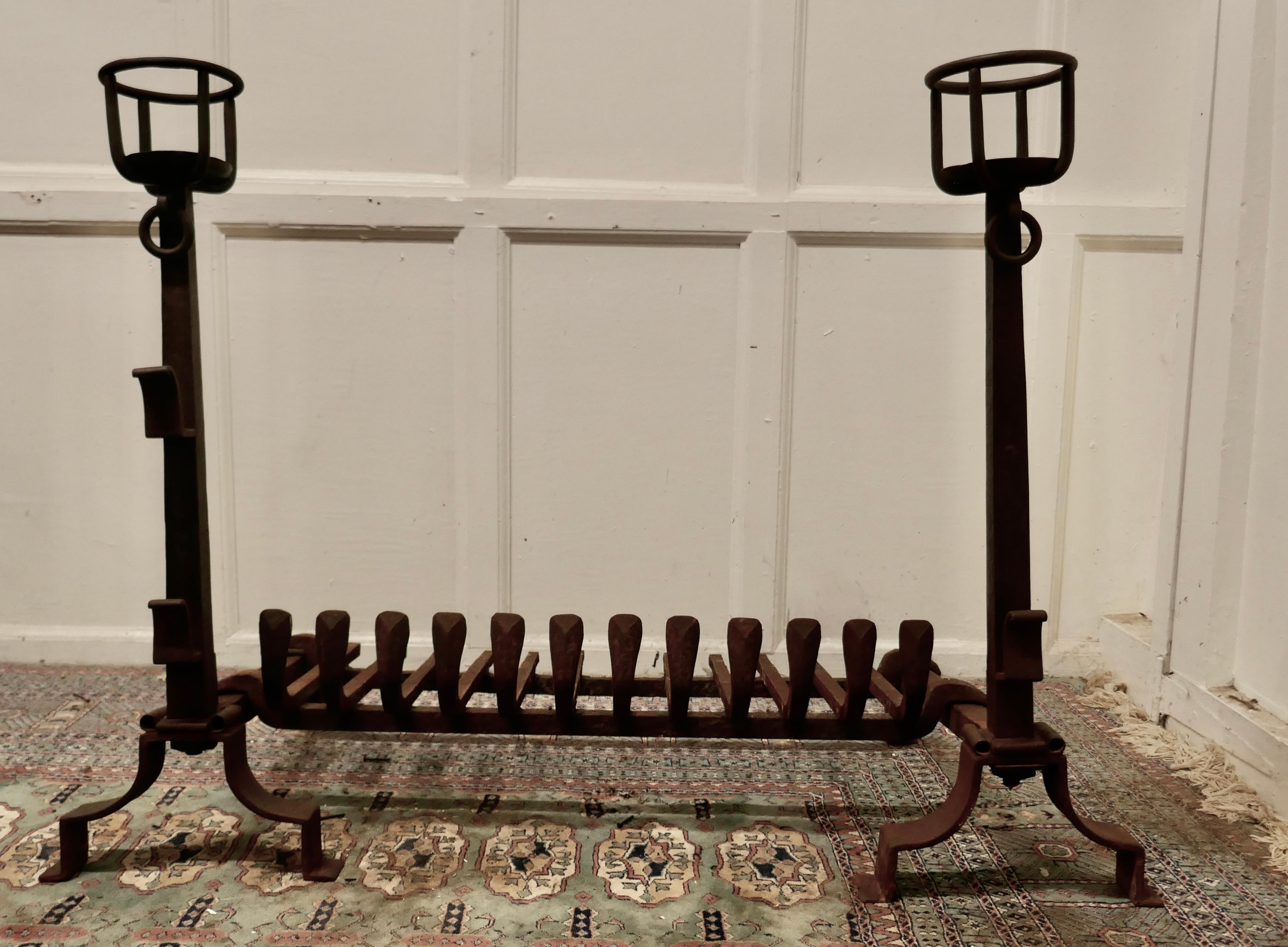 Very Large Early 19th Century French Fire Grate Set on Iron Andirons For Sale 1